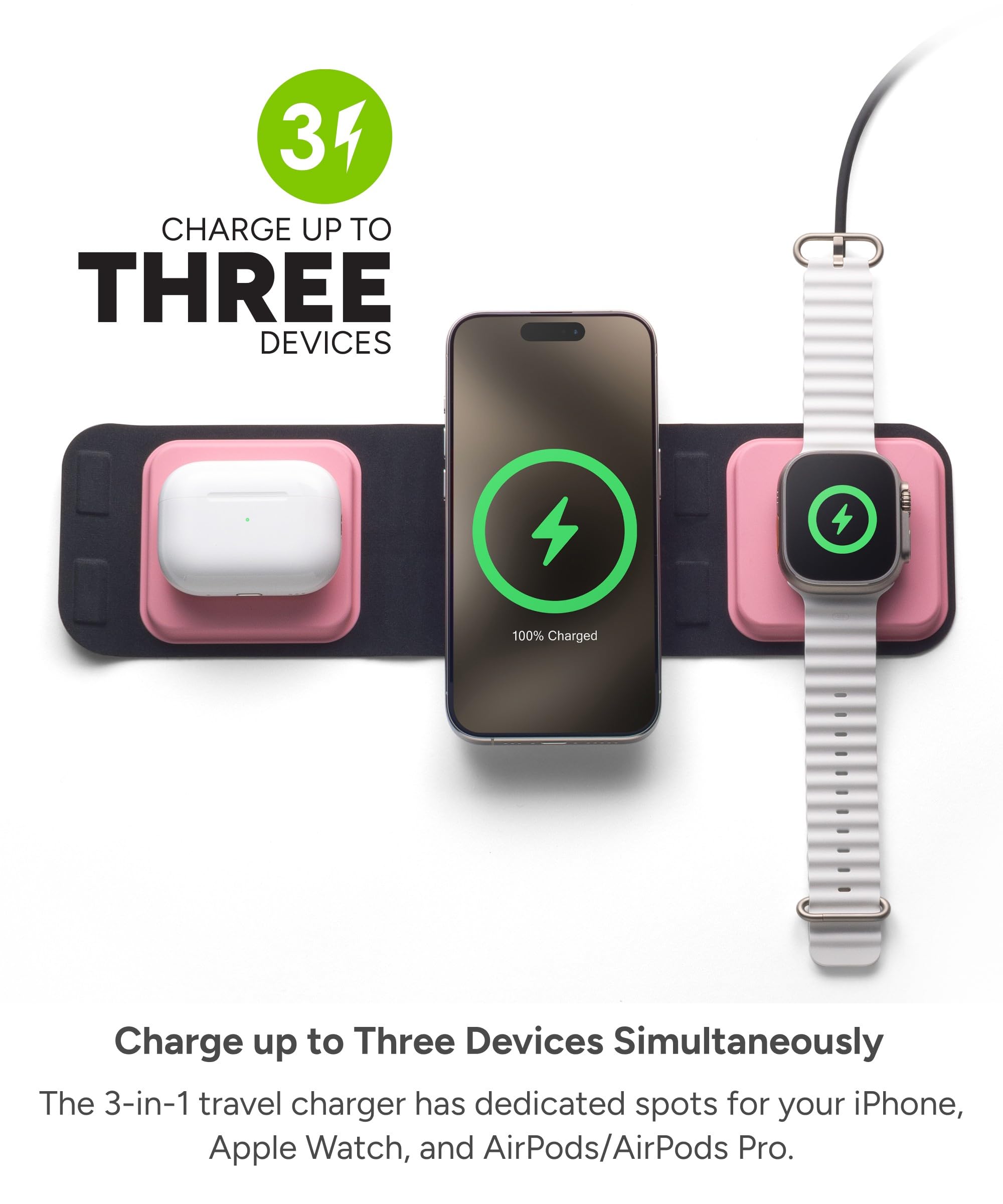 Mophie 3-in-1 Travel Charger with MagSafe - Portable Wireless Charging Hub, Compatible w/Apple Devices, iPhone 17/16/15/14/13/12 Series, Apple Watch Series 11 to 1 & Ultra, AirPods Pro/3rd Gen, Black