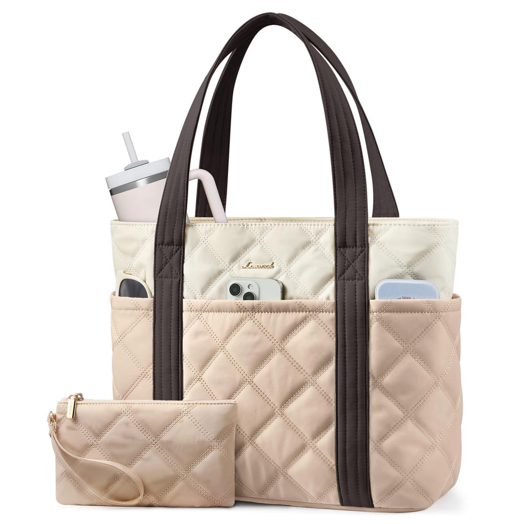 LOVEVOOK Puffer Tote Bag for Women, Puffy Work Handbag with Cup Holder, Travel Carry On Bag with Zipper for Teacher Nurse Gym