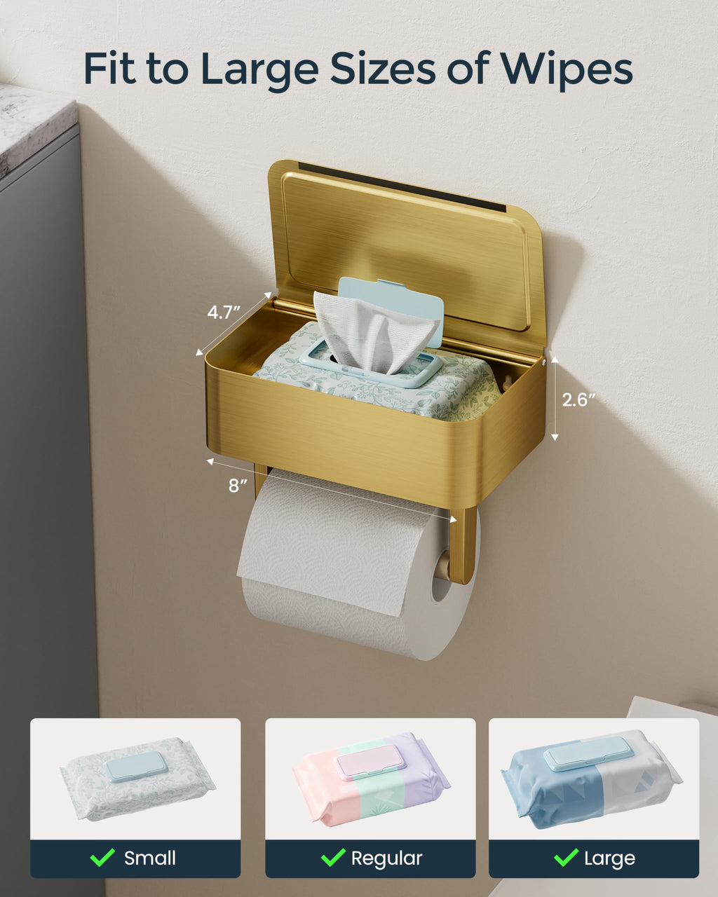 Toilet Paper Holder with Shelf, Wipes Holder for Bathroom, Flushable Wipes Dispenser, Stainless Steel Toilet Paper Roll Holder with Storage for Wet Wipes Wall Mounted (Gold, Regular Roll)
