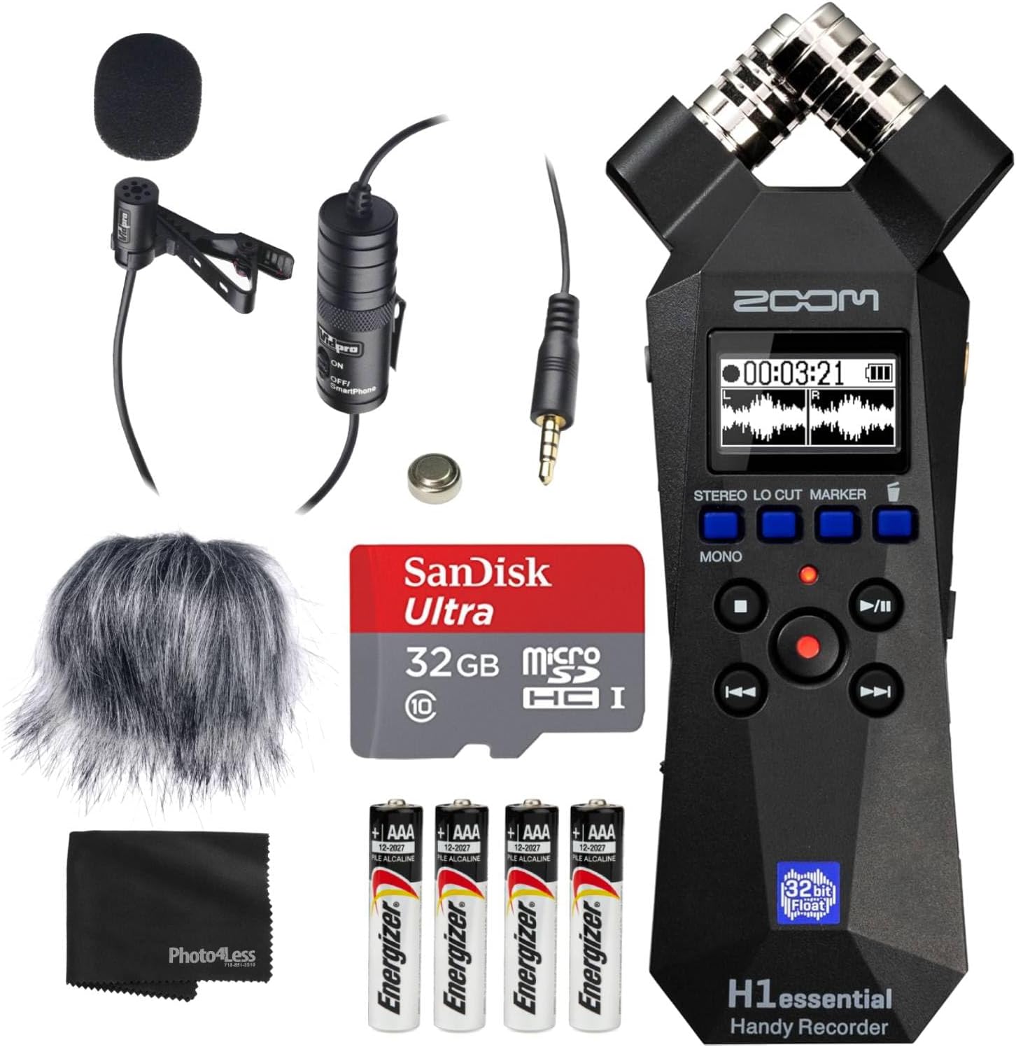 Zoom H1essential Handy Recorder Bundle with Professional Lavalier Condenser Microphone, 32GB microSDHC Card, Furry Microphone Windscreen, 4 AAA Alkaline Batteries, and More!