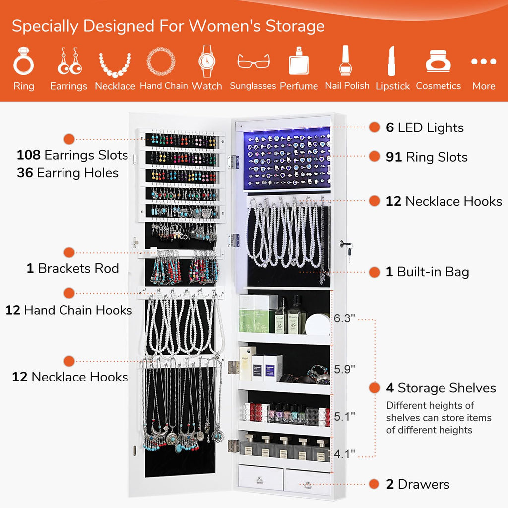 GISSAR Full Length Mirror Jewelry Cabinet, 6 LEDs Jewelry Armoire Wall Mounted Over The Door Hanging, Jewelry Organizer Storage with Lights Lockable, Black, 14.6" x 47.2"
