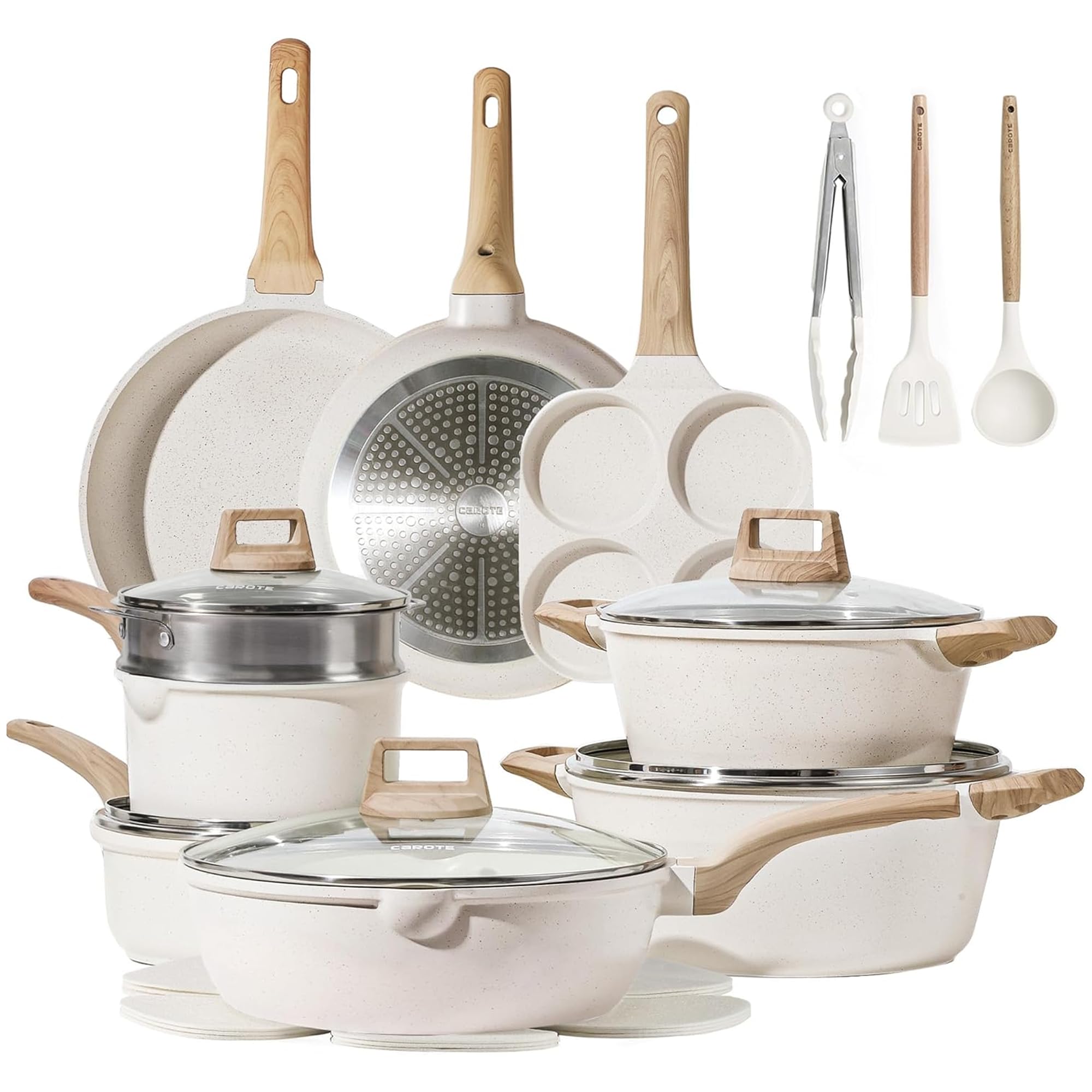 CAROTE 21pcs Pots and Pans Set Nonstick, Cookware Set Black Induction Kitchen Cooking Set w/Frying Pans & Saucepans(PFOS, PFOA Free)