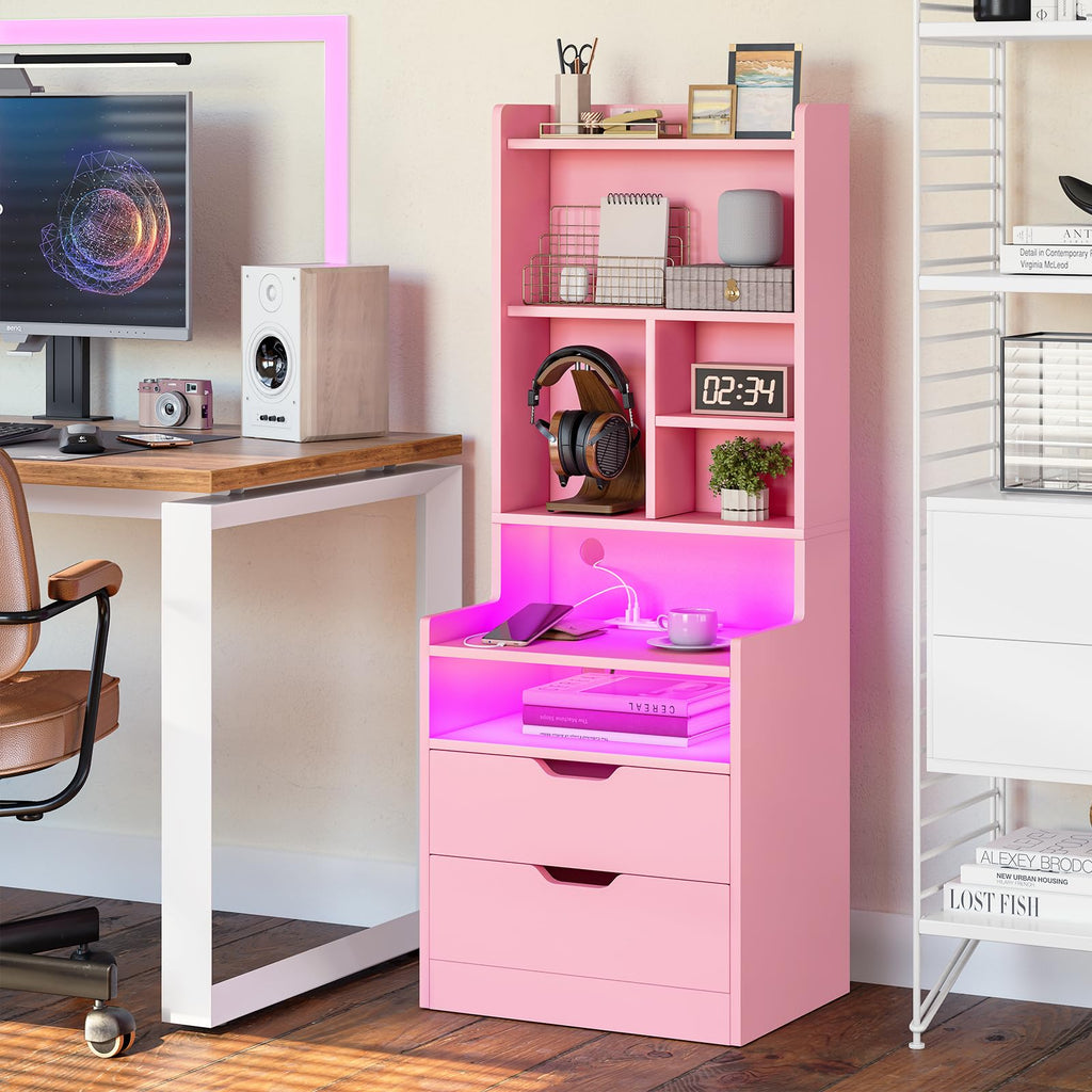BTHFST Tall Nightstand with LED Lights and Charging Station, LED Black Nightstand with Shelves and 2 Drawers, Bedside Table with Bookshelf, Tall Side End Table with Storage