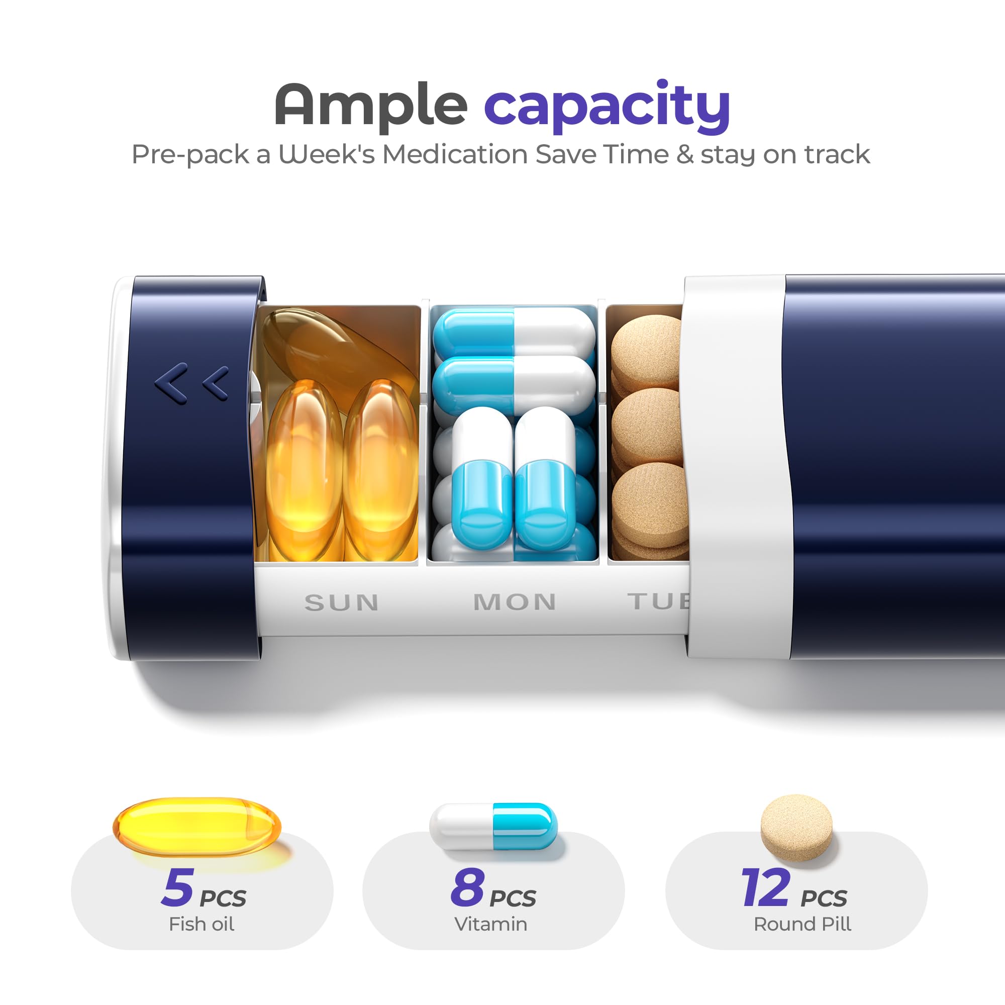 Betife Travel Pill Organizer Weekly 7 Day, Compact Daily Pill Box, Portable Medicine Case, Cute Pill Holder for Vitamins Supplements, Drawer-Shaped Pills Organizer (Black)