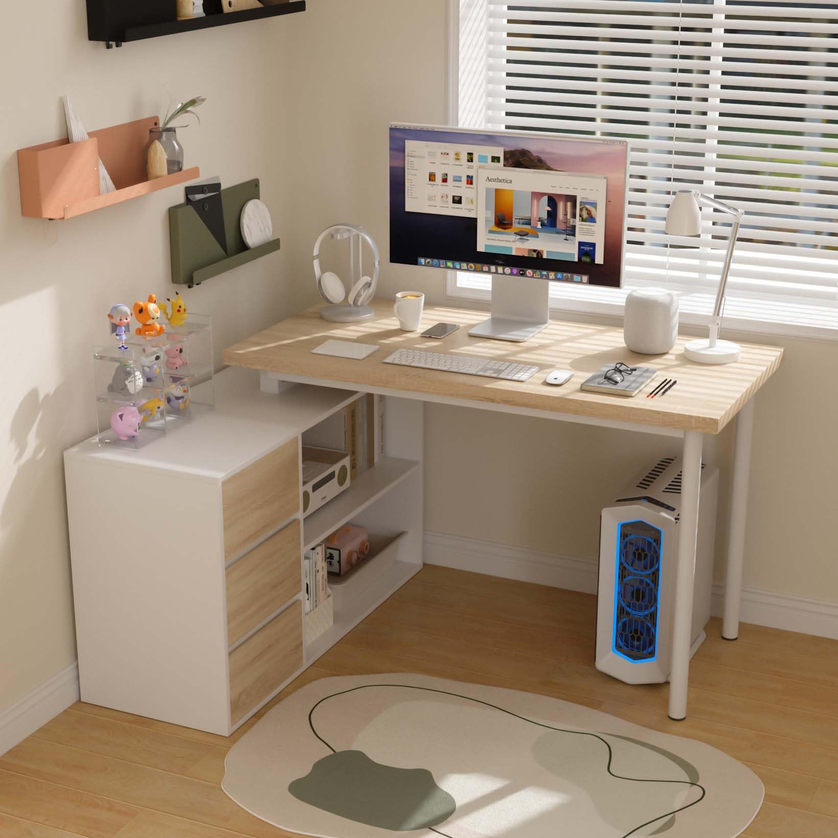 Bobve L Shaped Computer Desk, 47 Inch Home Office Desk with File Drawers & Storage Shelves, Small Corner Computer Desk for Small Space (Black + White)