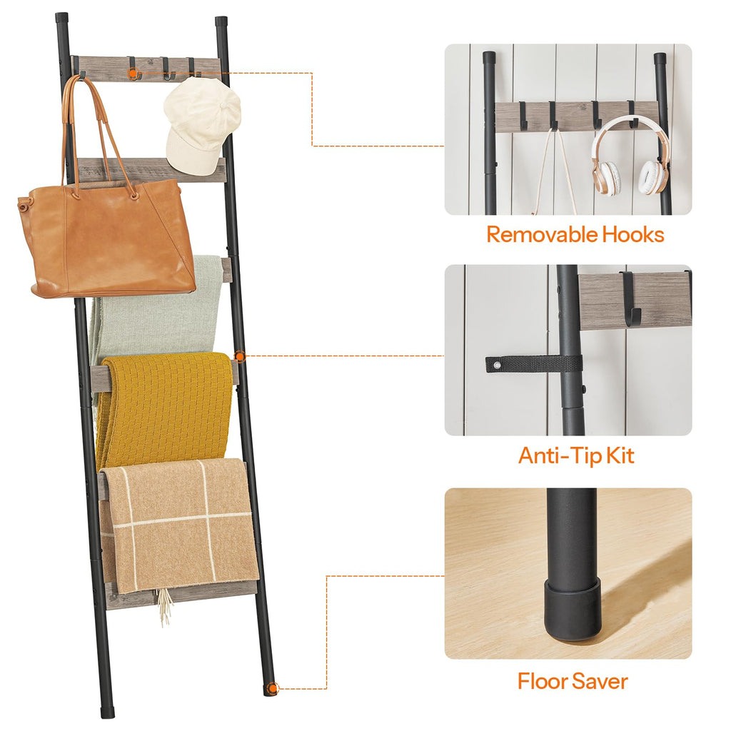 HOOBRO Blanket Ladder, 5-Tier Towel Rack with Hooks, Wall-Leaning Blanket Rack, Decorative Display Ladder Shelf, Scarves, Industrial, Living Room, Bedroom, Black BB52CJ01