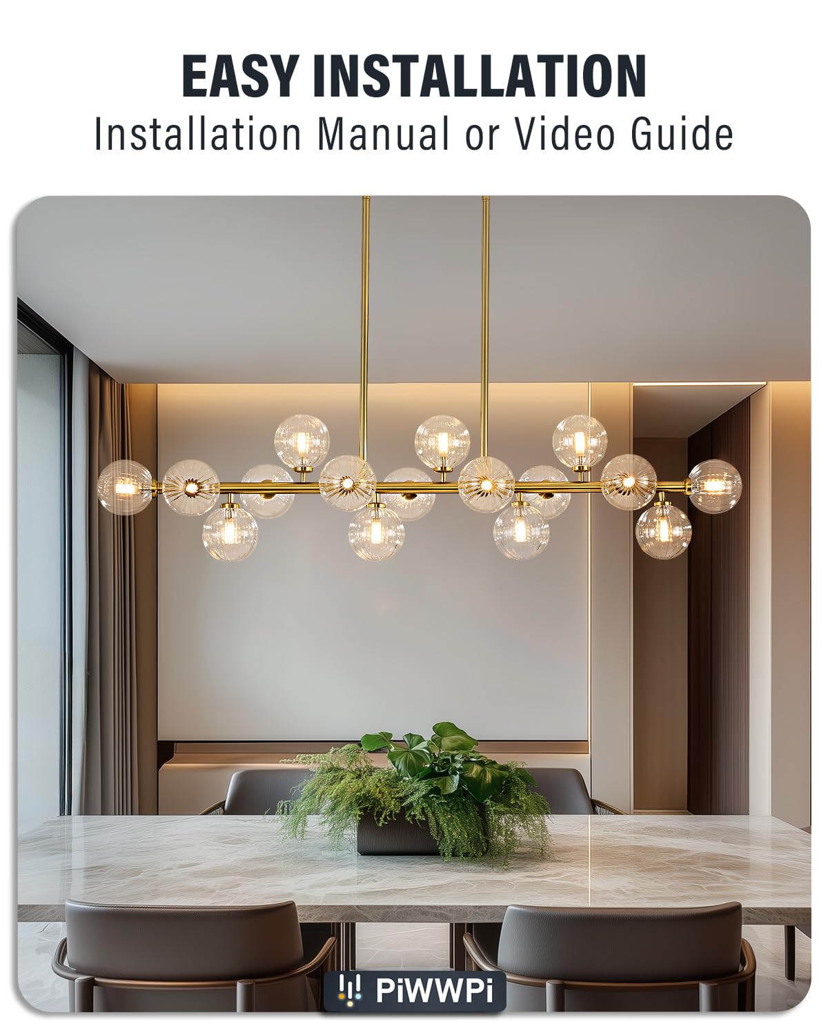 Modern Linear Chandeliers for Dining Room, 8-Light Globe Sputnik Pendant Ceiling Light, Black Dining Room Light Fixture Over Table, Mid Century Glass Milk White Bubble, 31.5 Inch, GC-09