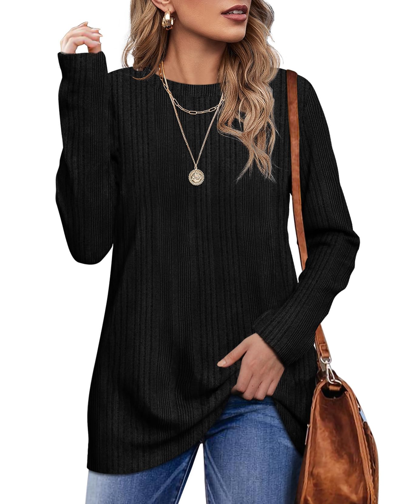 OFEEFAN Long Sleeve Shirts for Women Loose Fit Crew Neck Tunic Tops Blouse Dressy Casual Fall Winter Clothes Outfits