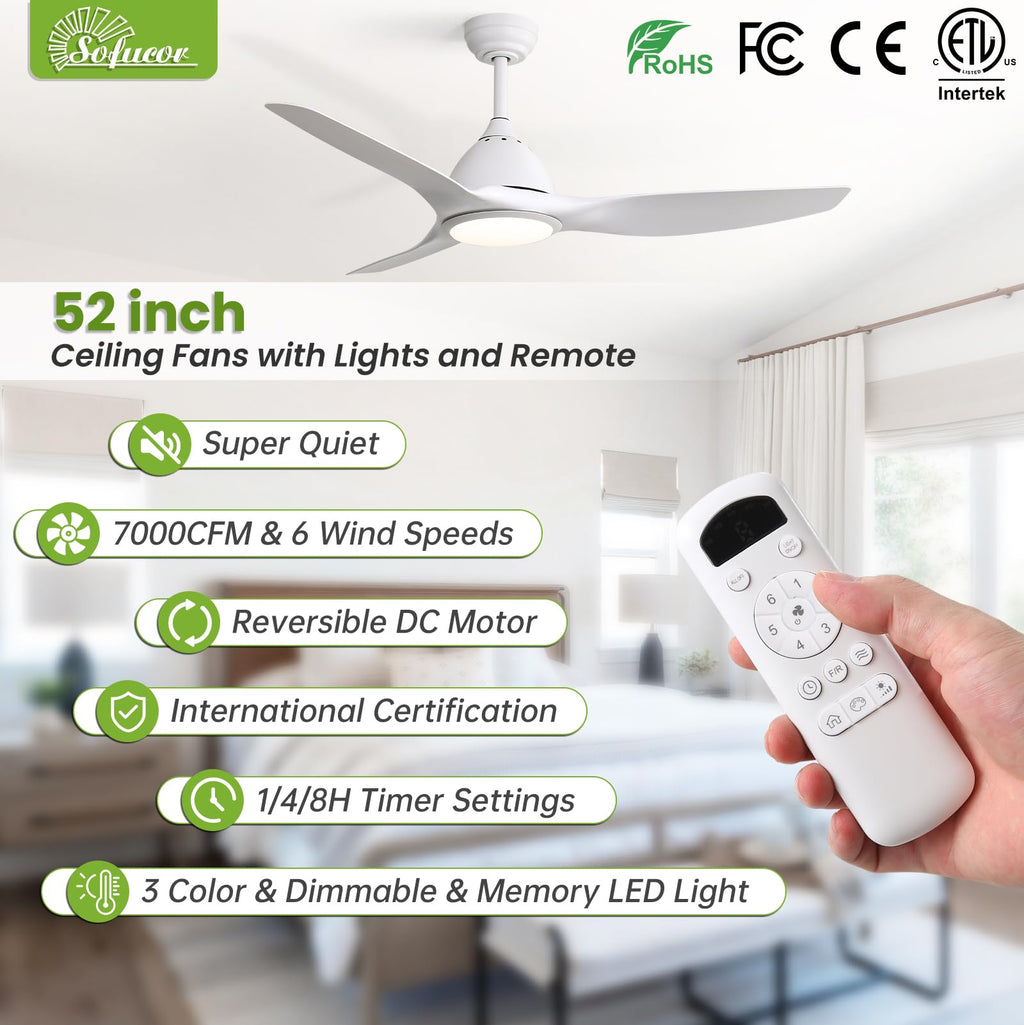 Sofucor 52 Inch Outdoor Ceiling Fans with Lights, Modern Ceiling Fan with 3 Plastic Blade, Quiet, Dimmable, High 7000CFM 6-Speed 3-Timer Reversible DC Motor, for Bedroom Living Room, ETL, Black