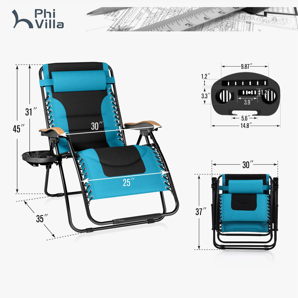 PHI VILLA XXL Oversized Padded Zero Gravity Chair Set of 2, Foldable Patio Recliner, 30" Wide Seat Anti Gravity Lounger with Armrest and Cup Holder, Support 400 LBS (Aqua Blue)