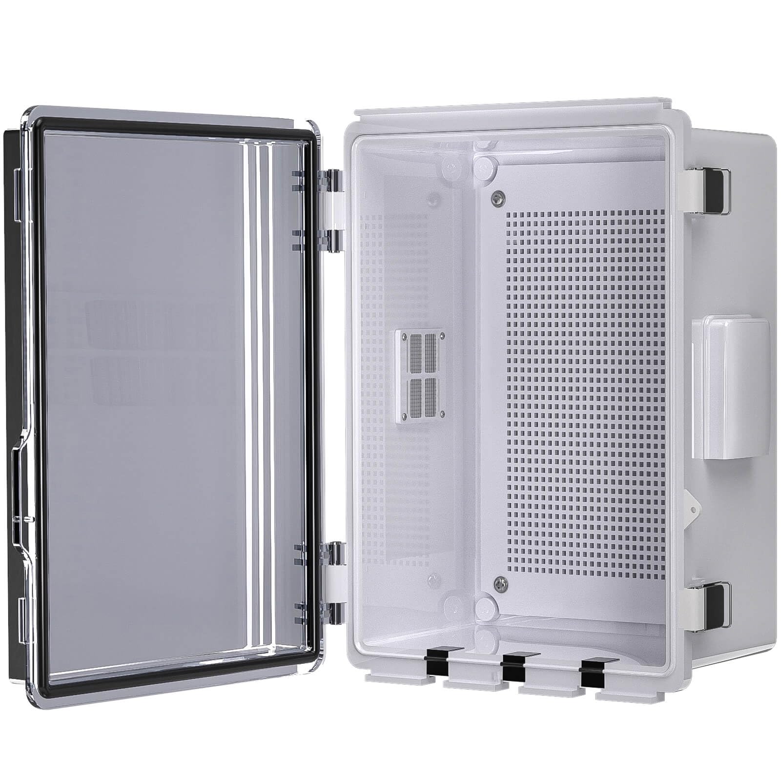 ABS Electrical Junction Box, Ventilated Design, Cable Grommets, IP65 Waterproof Enclosure, Indoor/Outdoor Use with Mounting Panel. (Clear Cover, 8.7"x6.7"x4.3")