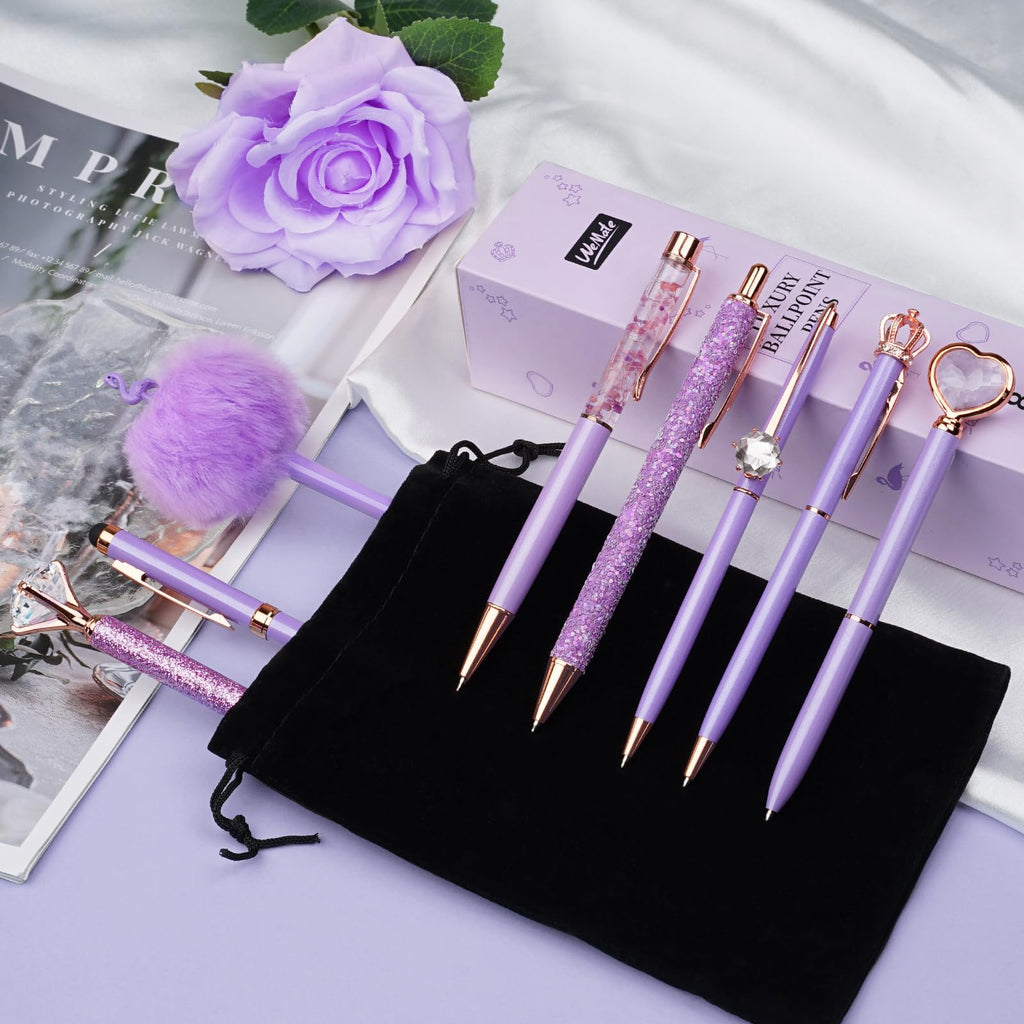 WEMATE 8Pcs Ballpoint Pens Set Metal Crystal Diamond Pen Glitter for Journaling Black Pen Bling in Black & Blue Ink Pretty Cute Pens Fancy Pens Gifts for Women Wedding School Office Desk(Black)