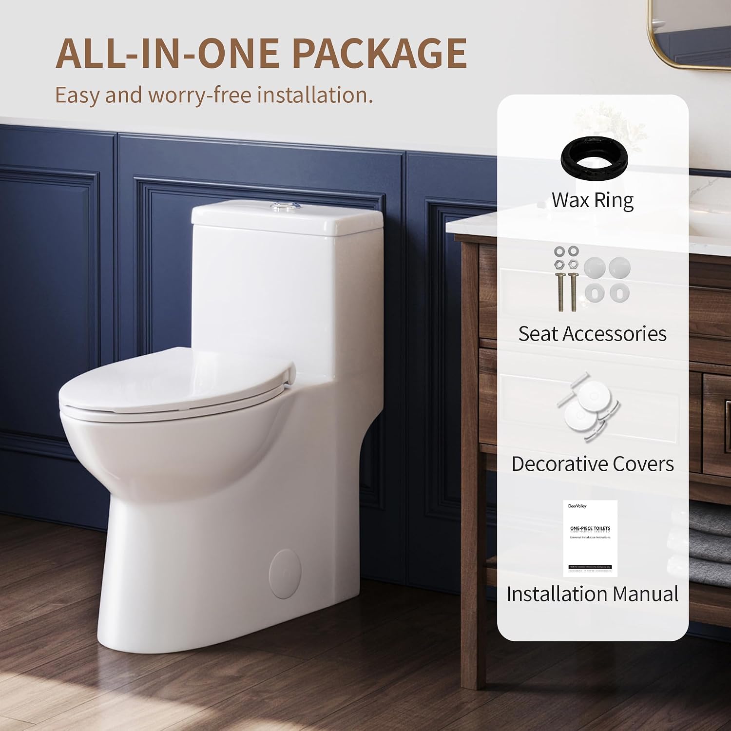 DeerValley Symmetry One Piece Toilet, Dual Flush 1.1/1.6 GPF Elongated Standard Toilet for Bathroom, Toilets with Comfortable Seat Height (Seat Included) (White)