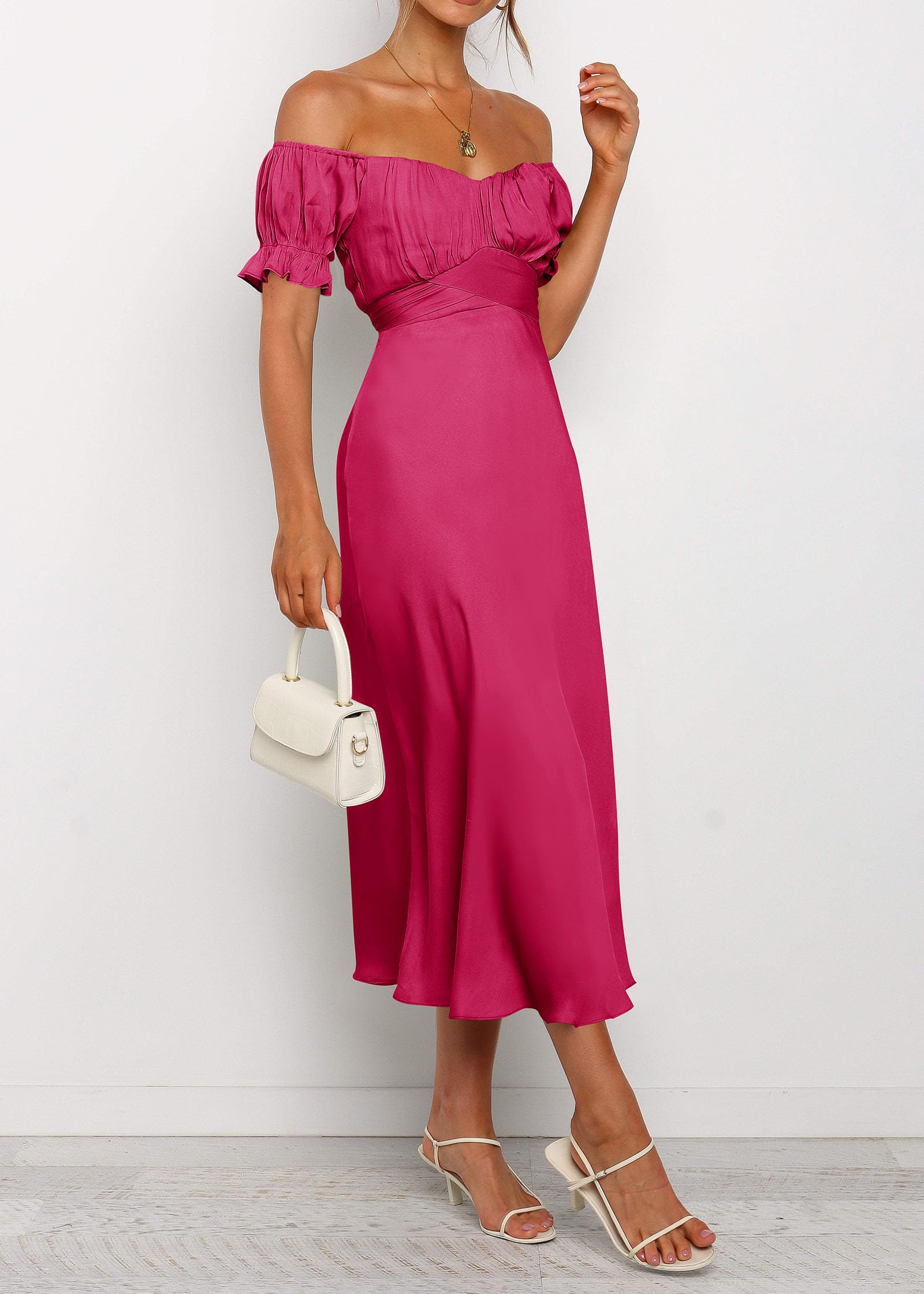 KIRUNDO Women's 2026 Spring Summer Satin Wedding Guest Midi Dress Off The Shoulder Wrap Party Cocktail Formal Prom Dresses