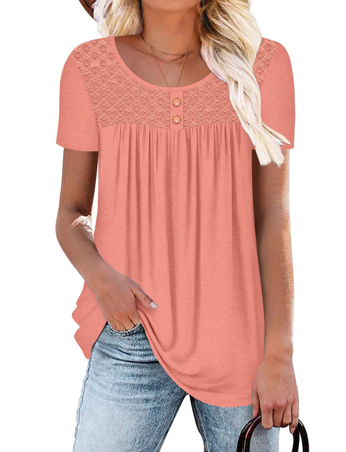 Mystry Zone Womens Henley V Neck Casual Blouse Button Down T Shirts Flare and Flowy Tops