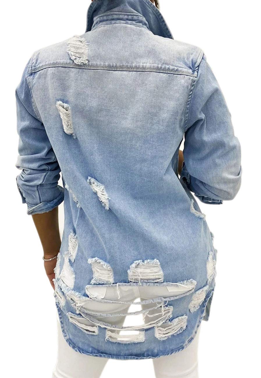 SeNight Women's Jean Jacket Long Sleeve Classic Distressed Fray Hem Tassels Denim Trucker Jackets