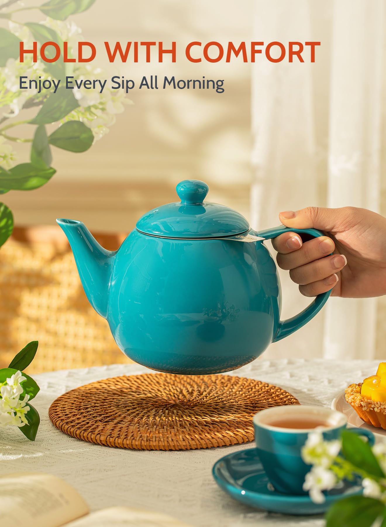 Sweese Porcelain Teapot 27 oz with Infuser for Loose Leaf Tea, Bluish Grey