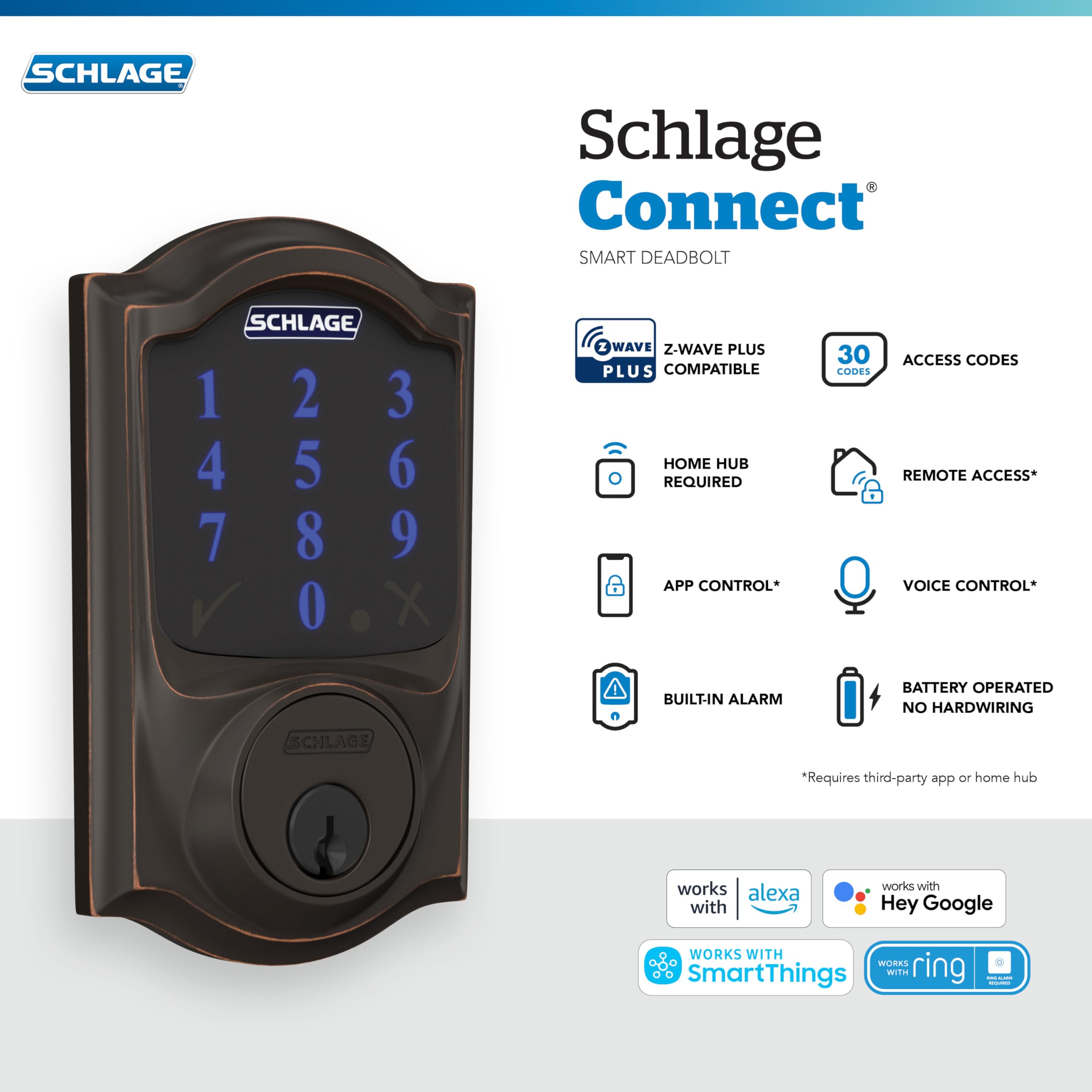 Schlage Connect Smart Deadbolt Lock with Touchscreen Keypad, Keyless Front Door Entry, Z-Wave Plus Compatible, Aged Bronze, BE469ZP CEN 716