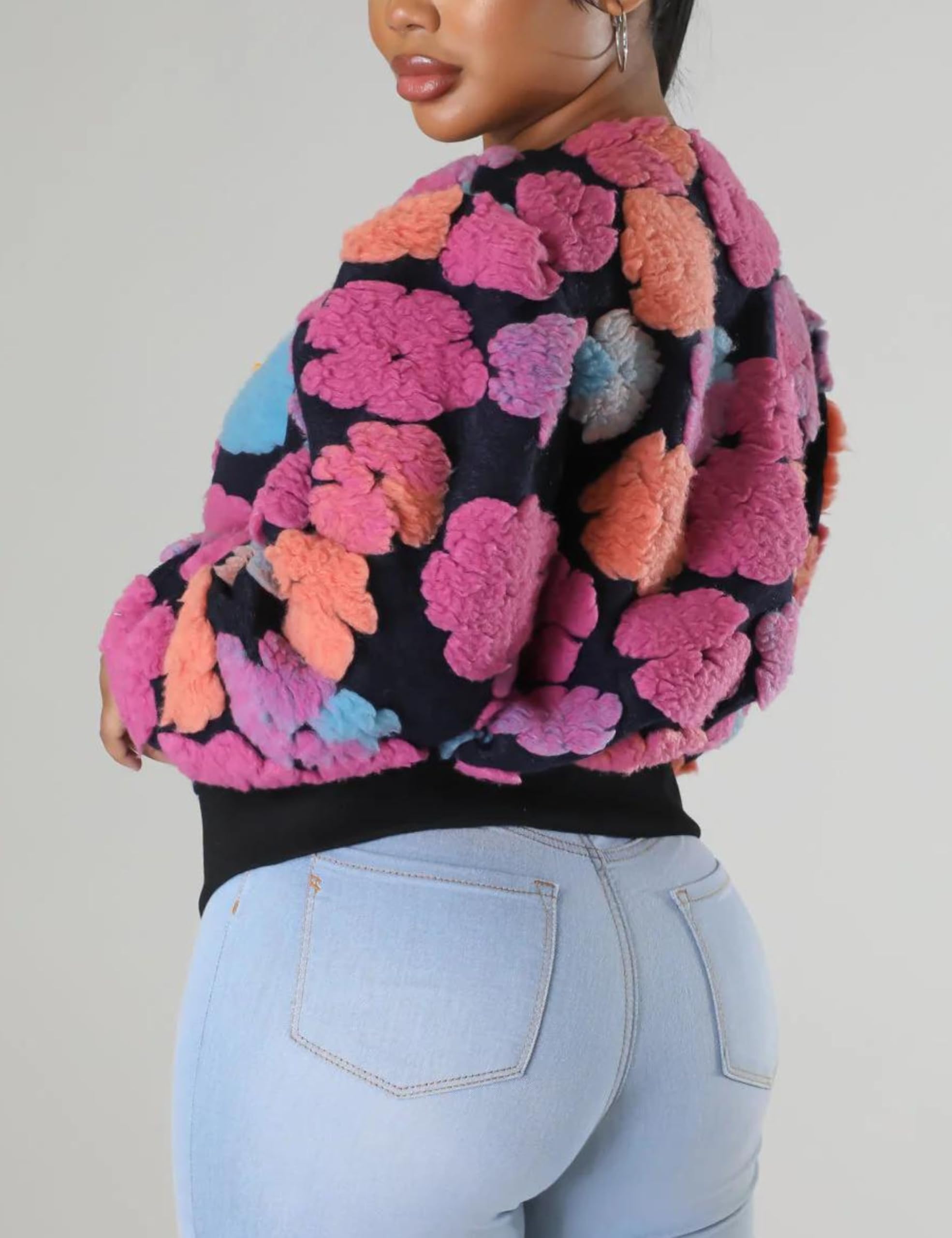 Womens Cropped Floral Print Jacket Warm Fleece Bomber Jacket Casual Button Down Coats Fall Puff Outerwears