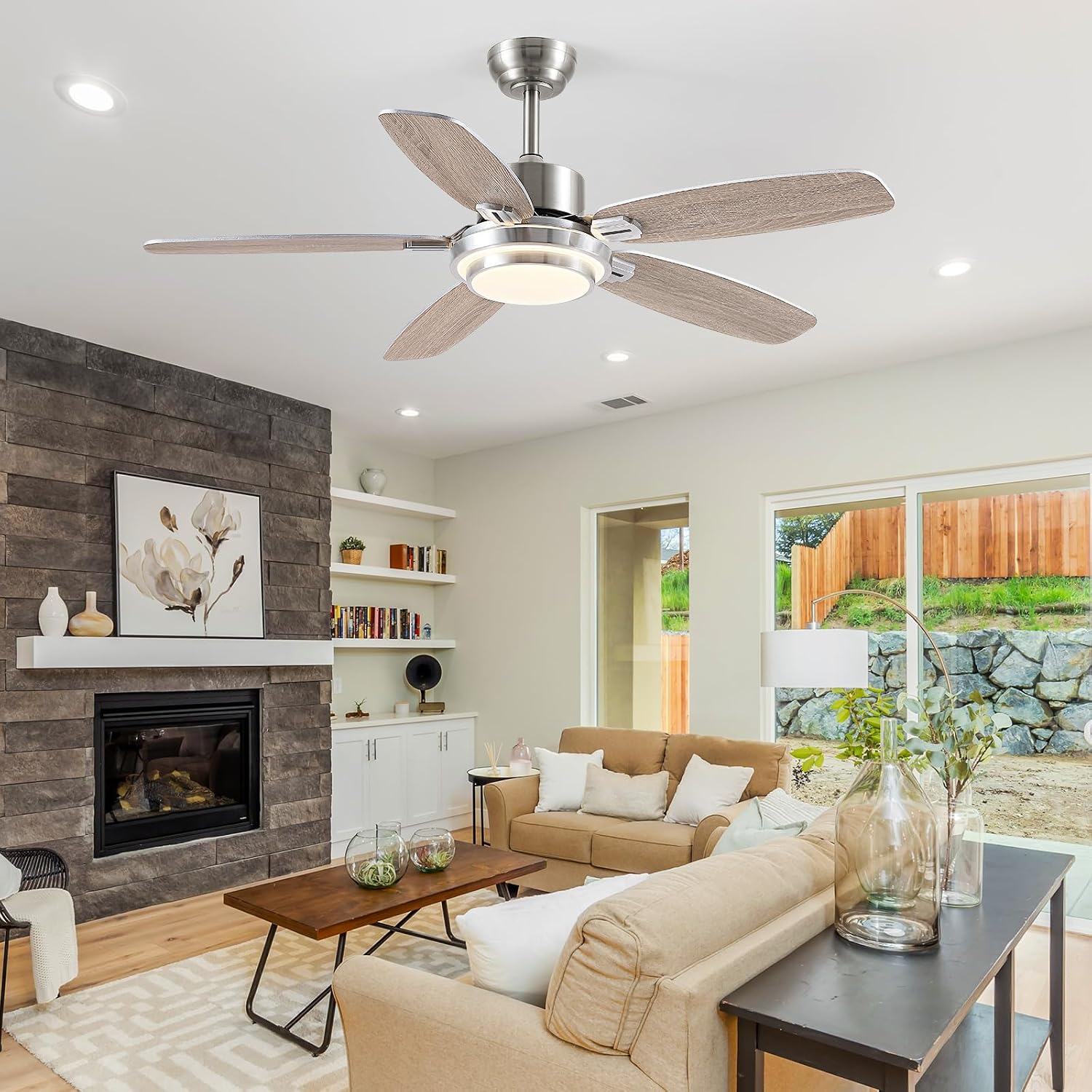 Hounberi Ceiling Fans with Lights,50“ Modern Nickel Ceiling Fan and Remote/APP Control,5 Dual Finish Blades Dimmable 3-Color LED Fandelier for Indoor Dinning room,Bedroom