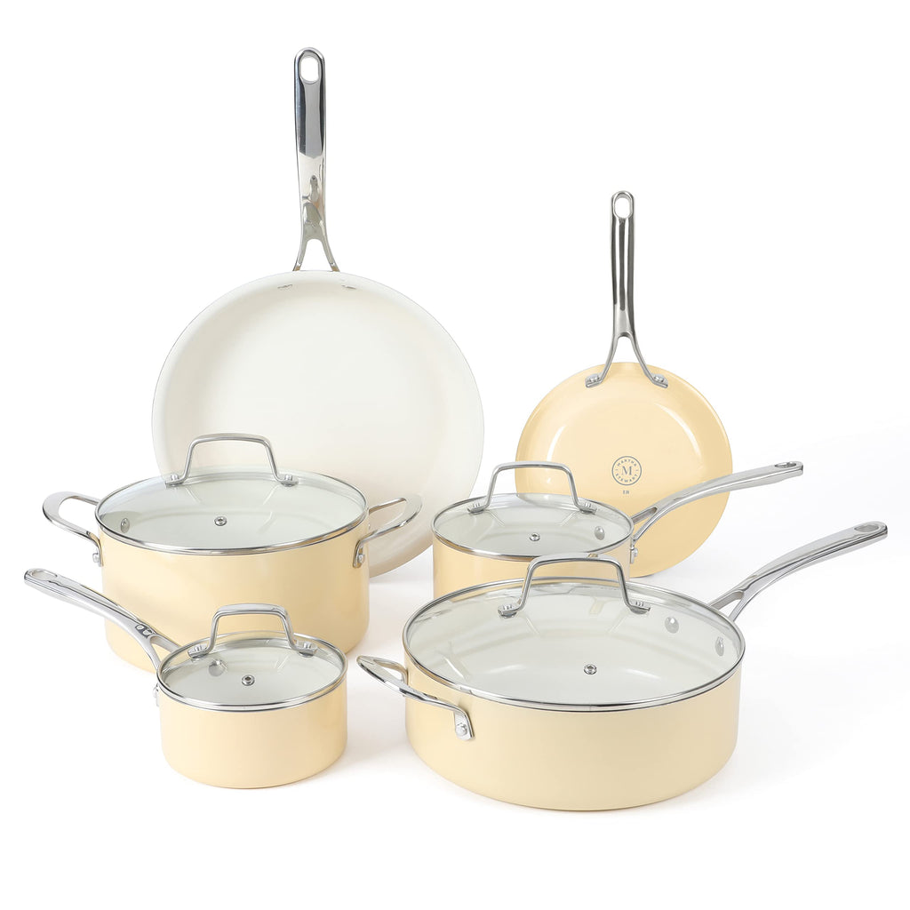 Martha Stewart Lockton Premium Nonstick PFA Free Ceramic Interior 10 Piece Enamel Heavy Gauge Aluminum Pots and Pans Cookware Set - Butter Cream