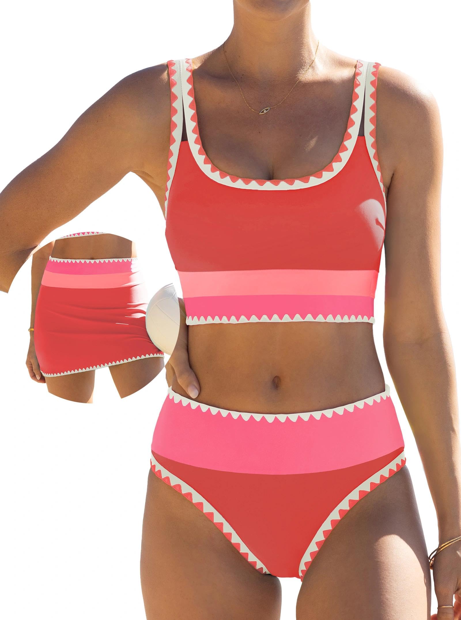 popvil High Waisted Bikini Sets for Women Tummy Control Swimsuits 3 Piece Bathing Suits Neon Swimwear with Skirt 2026