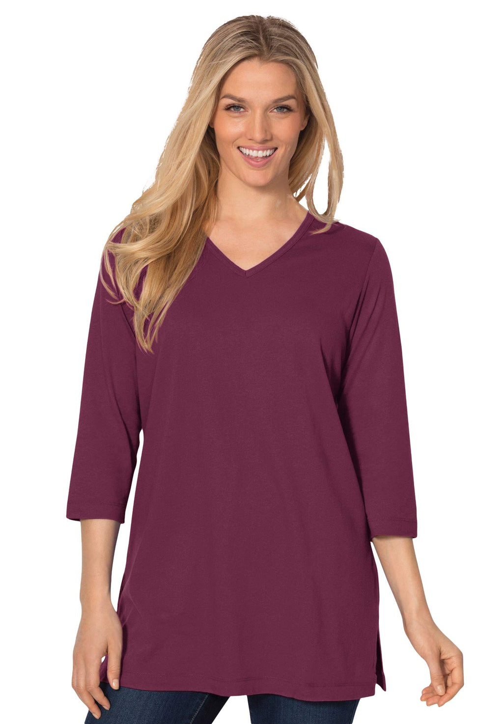 Woman Within Plus Size Perfect Three-Quarter Sleeve V-Neck Tunic