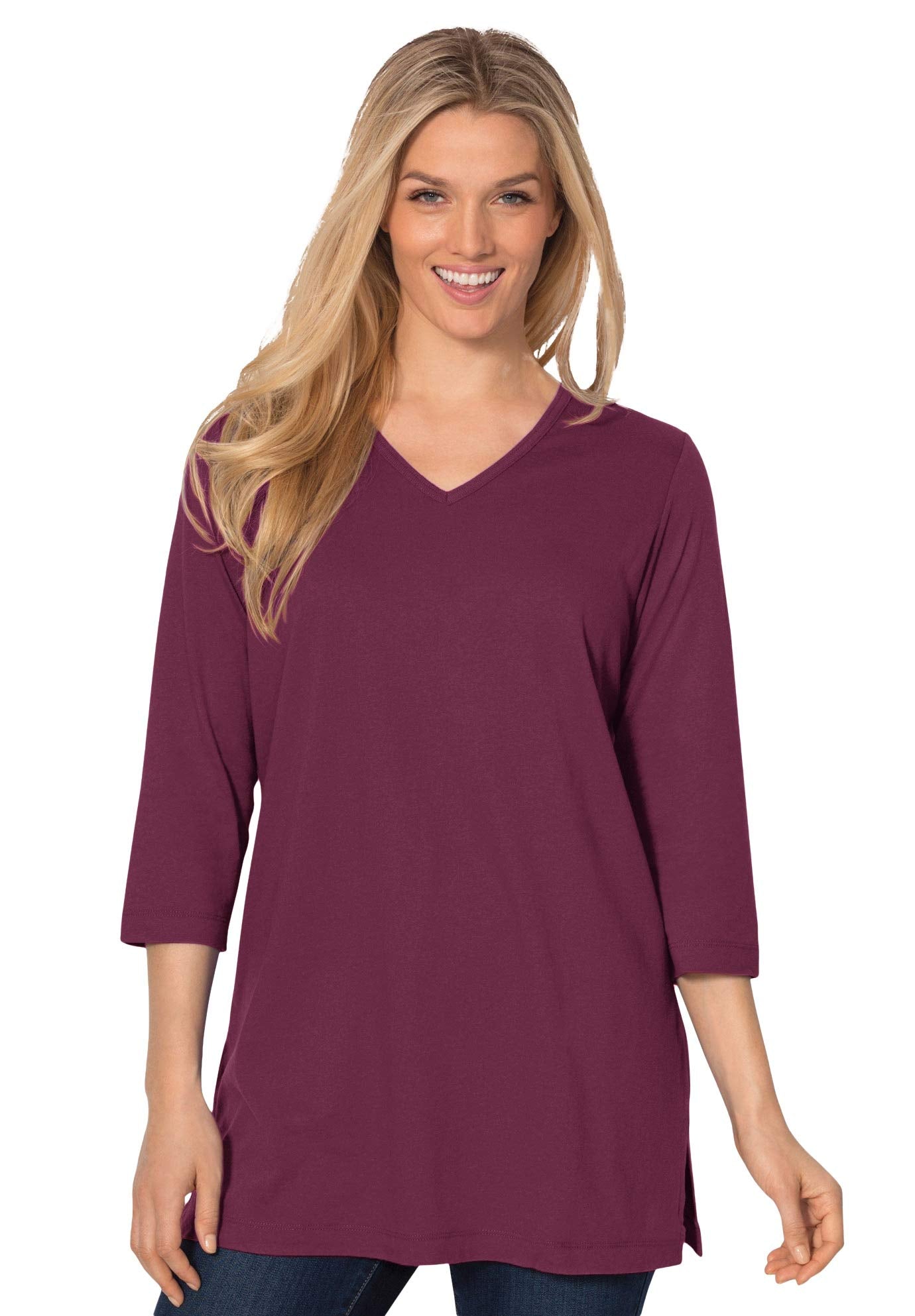 Woman Within Plus Size Perfect Three-Quarter Sleeve V-Neck Tunic