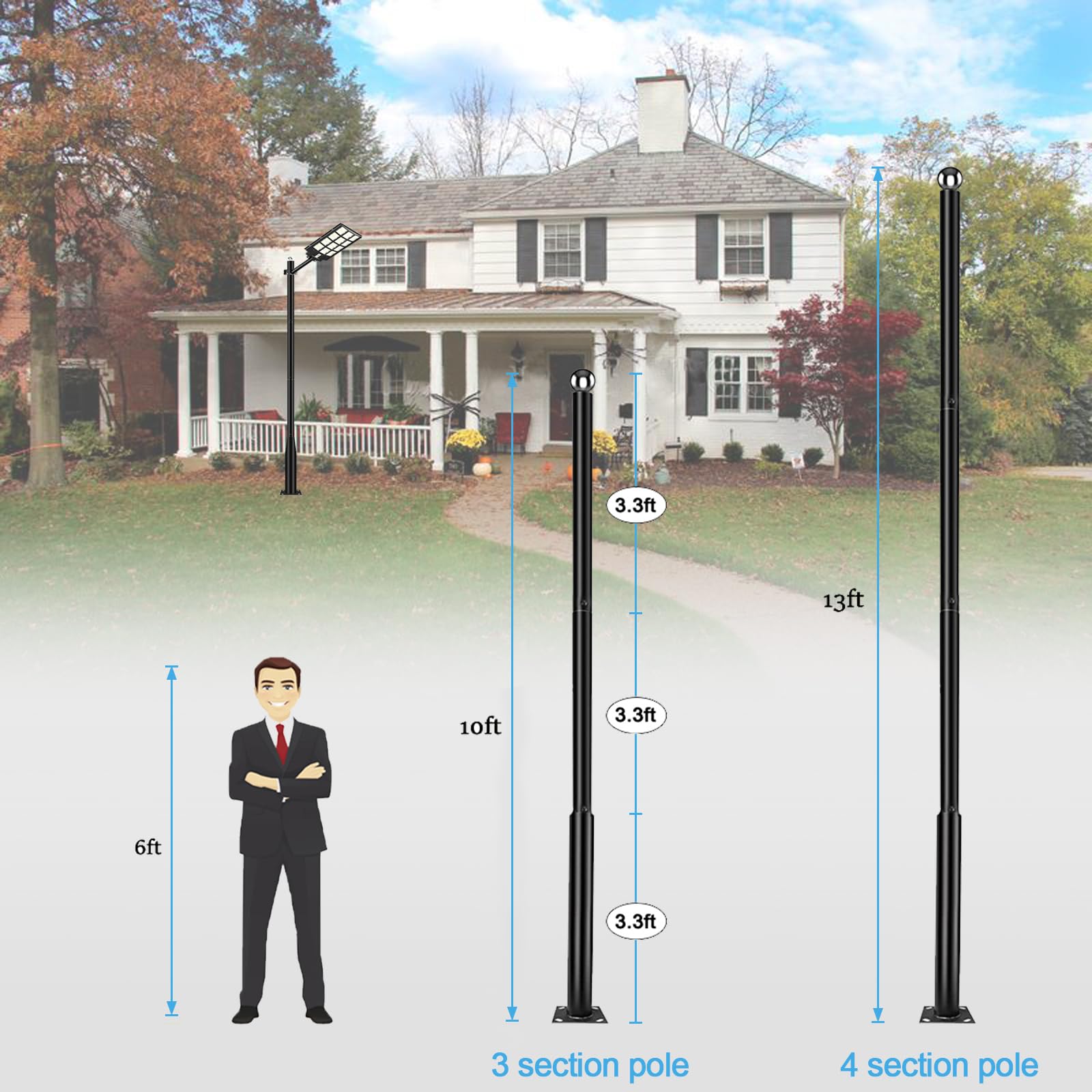 Outdoor Light Pole with Fillable Base, 8ft Cast Iron Lamp Post, 5-Section Heavy Duty Adjustable Pole for Garden, Yard, Pathway & Parking Lot, Portable Sand/Water Box Street Light Stand