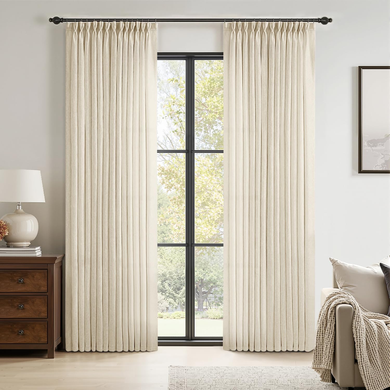 MIULEE Pinch Pleated Linen Curtains 84 Inches Long 2 Panels for Bedroom Living Room, Soft Thick Linen Textured Window Drapes Back Tab Hooks Semi Sheer Light Filtering Farmhouse，Beige