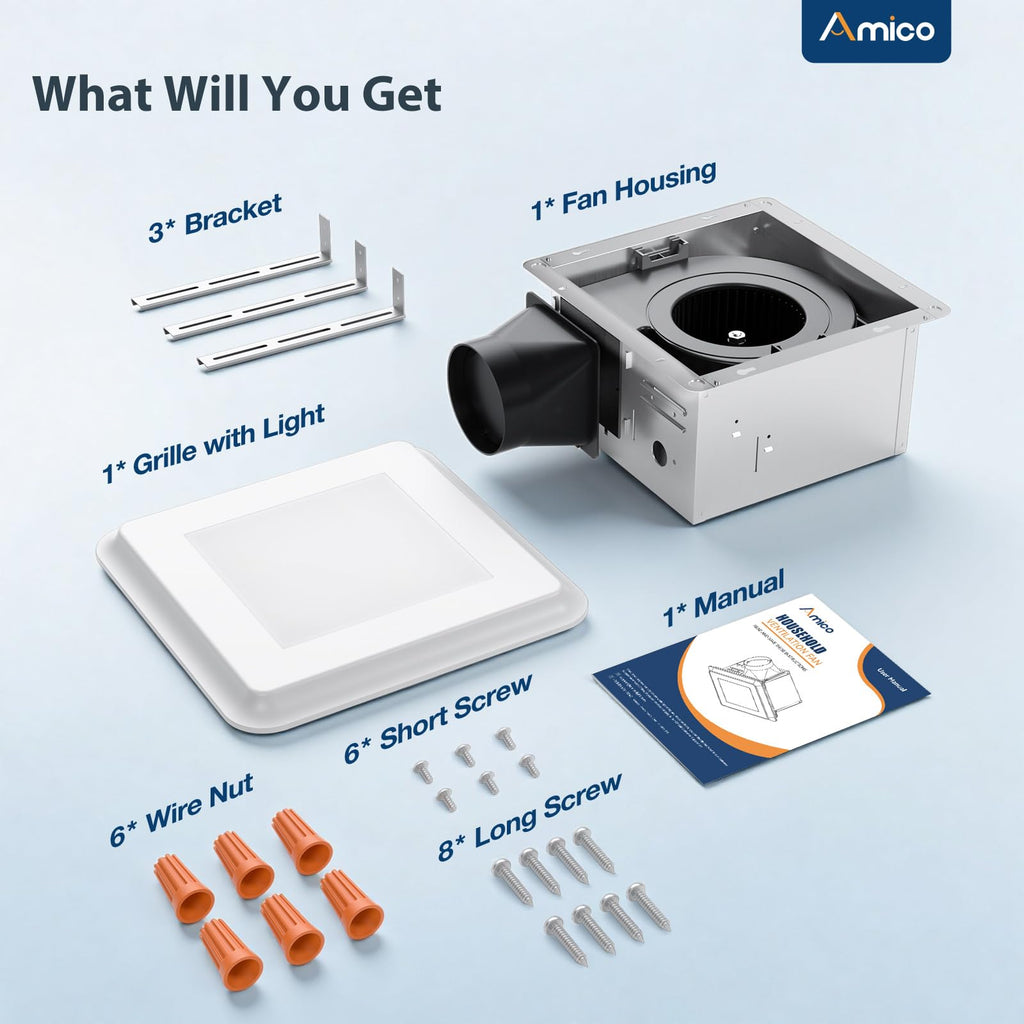 Amico Bathroom Exhaust Fan, 1.0 Sones, 80 CFM, Low Noise, Ceiling Mounted Retrofit Ventilation Fans, 4 Inch Duct, No Attic Access Needed- UL Certified