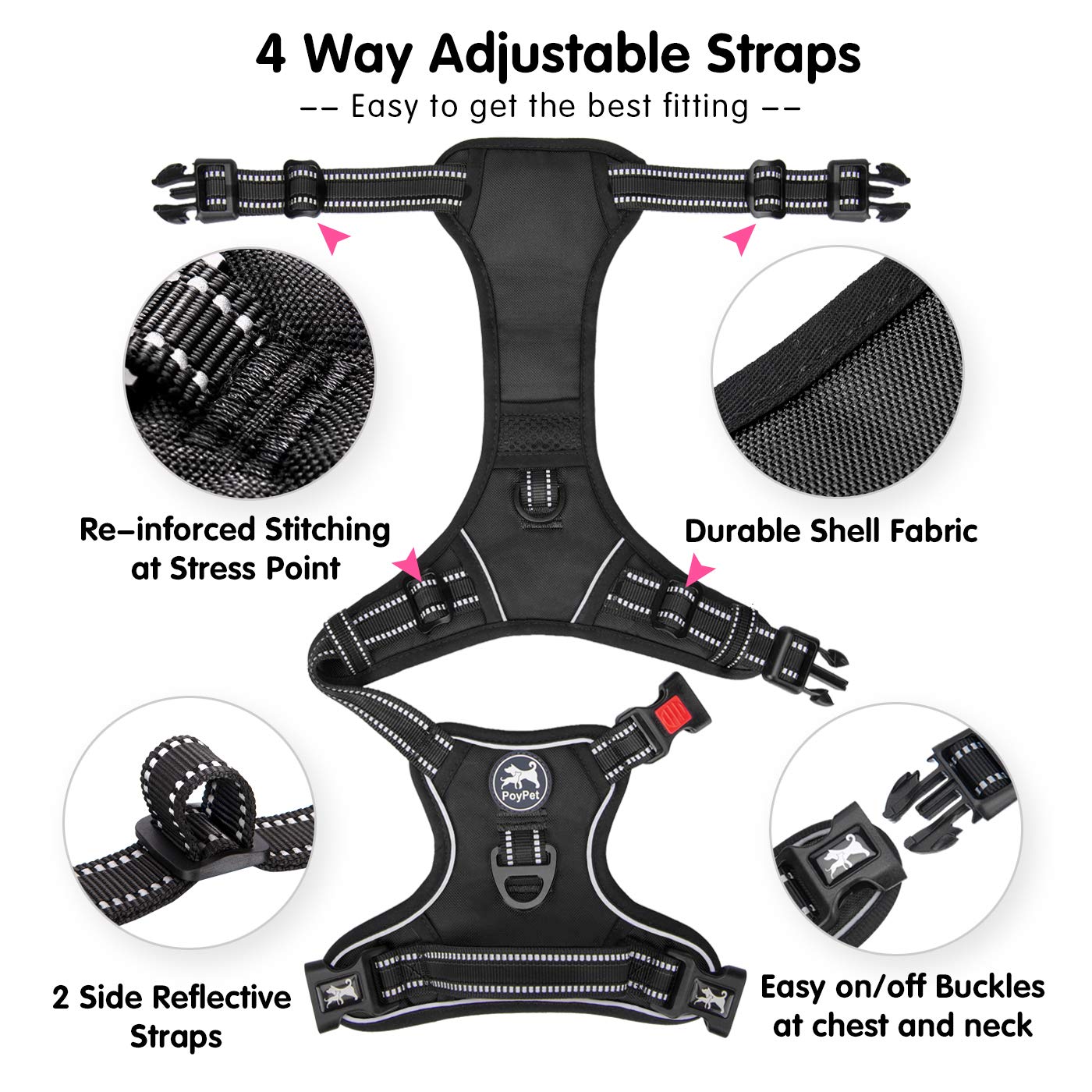 PoyPet Dog Harness No Pull, Reflective Vest Harness with Front & Back 2 Clips and Easy Control Handle for Small Medium Large Dog (XS, Black)