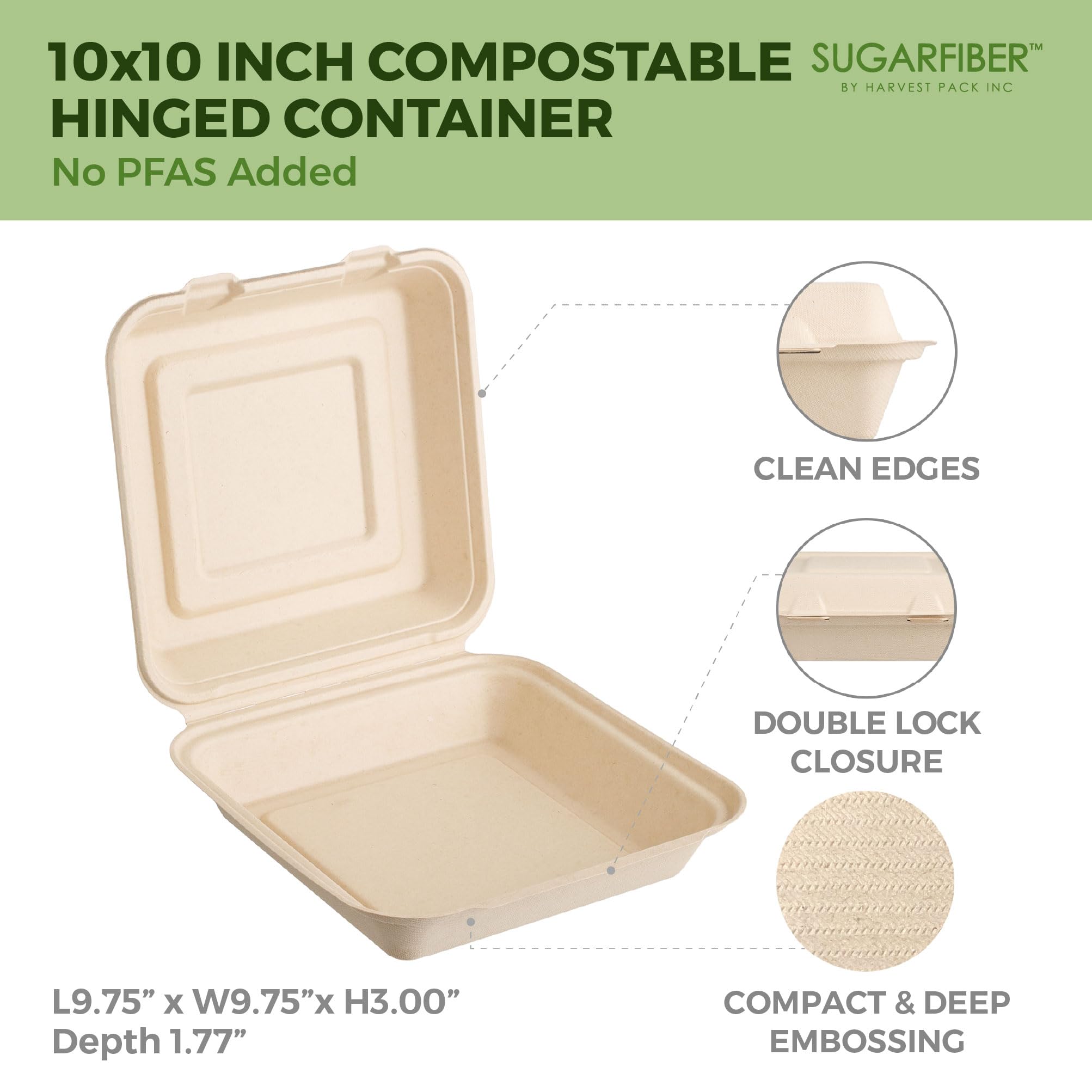 [50 COUNT]Harvest Pack 6 X 6" Compostable Clamshell Take Out Food Containers, PFAS FREE Square To go Containers with Lids, Heavy-Duty Disposable Bagasse Bento Cake Box, Eco-Friendly Sugarcane Fibers