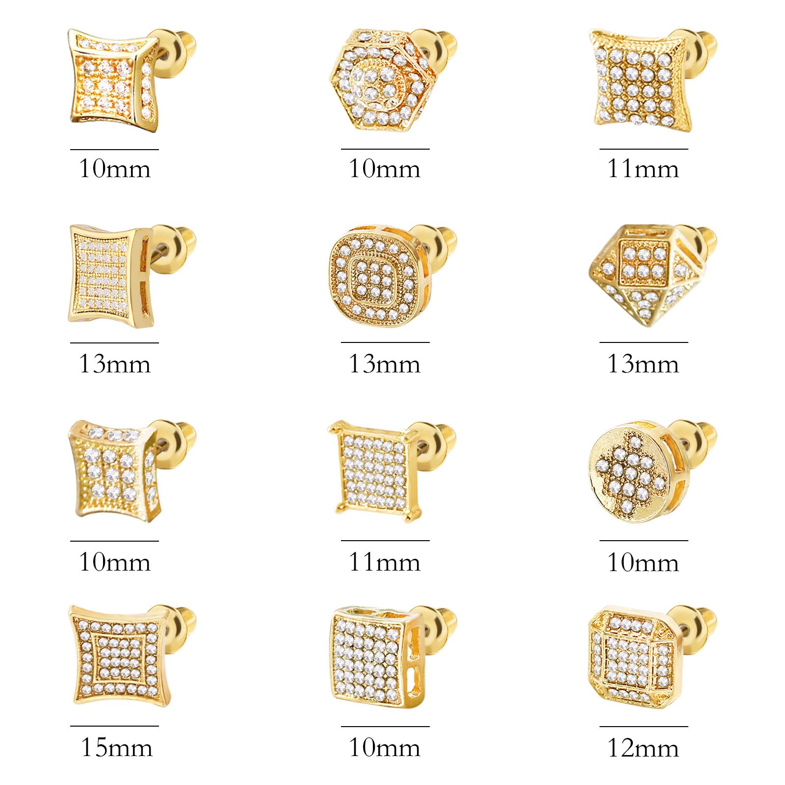 NEWITIN 12 Pairs Stainless Steel Stud Earrings for Men Hypoallergenic Earring Unisex Studs Inlaid Cubic Zirconia Men Earrings Hoop CZ Stud Earring Set for Women