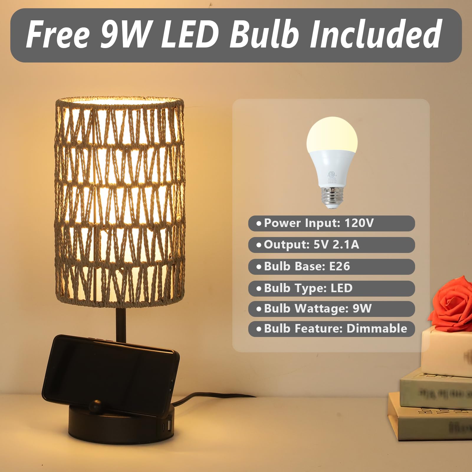 Rattan Bedside Table Lamps Set of 2 - Boho Lamps With 3 Color Temperatures & USB AC Port, Pull Chain Table Lamp For Bedroom, Cute Small Lamp For Nightstand Office Desk Bed Side End Table Living Room