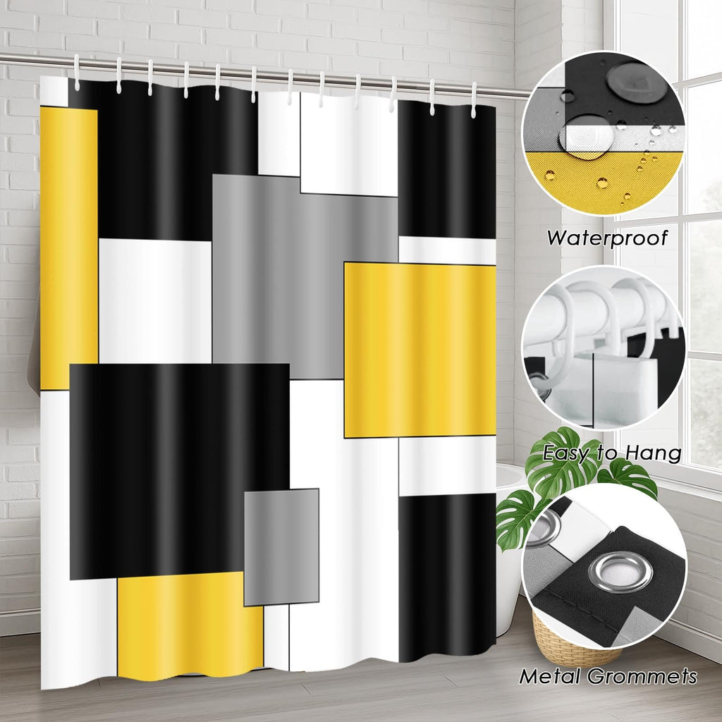 Beige Geometric Shower Curtain Set with Toilet Lid Cover and Non-Slip Rugs for Bathroom, Black Grey White Checkered 4 Pcs Shower Curtain, Modern Abstract Bathroom Set with 12 Hooks