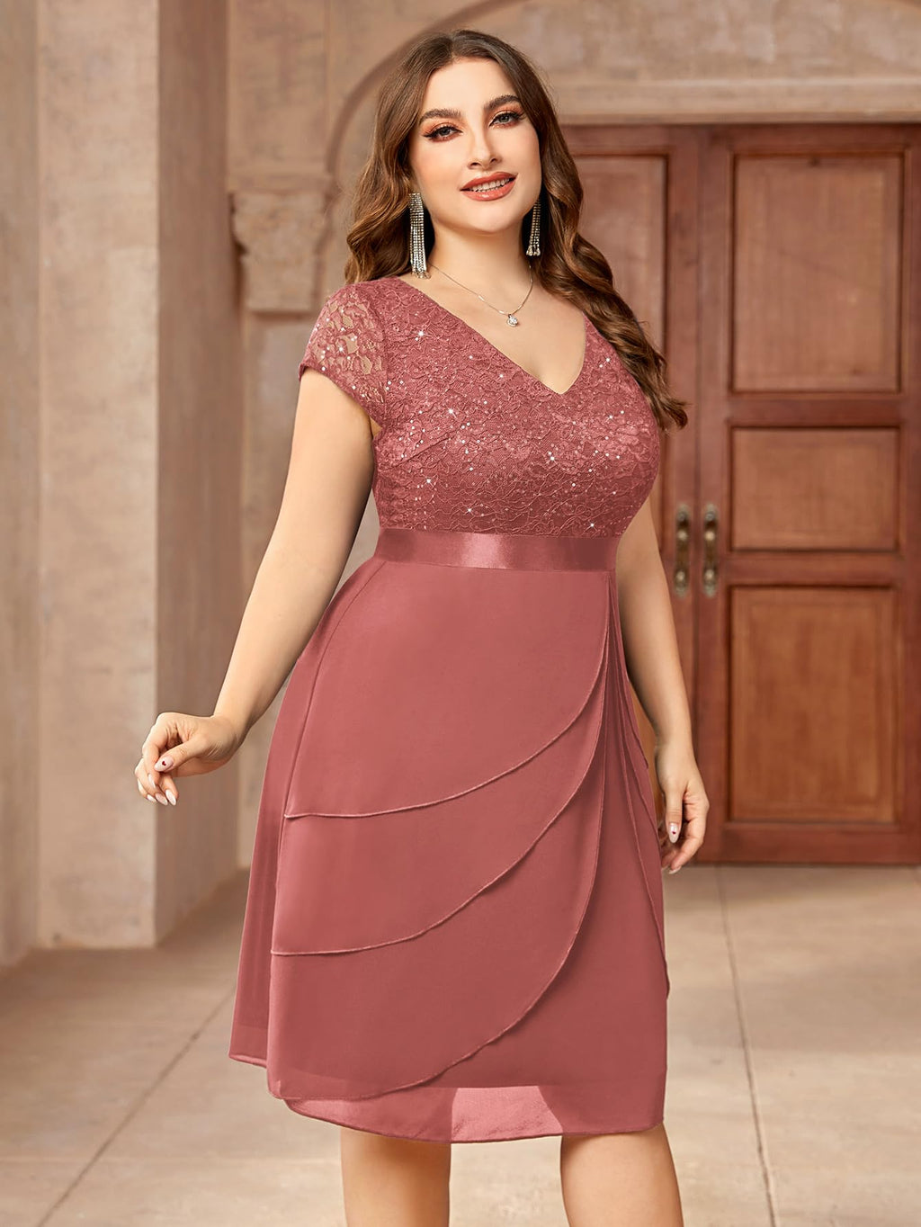 Miusol Women's Plus Size Sequin Lace V Neck Ruffle Tiered Chiffon Cocktail Party Dress