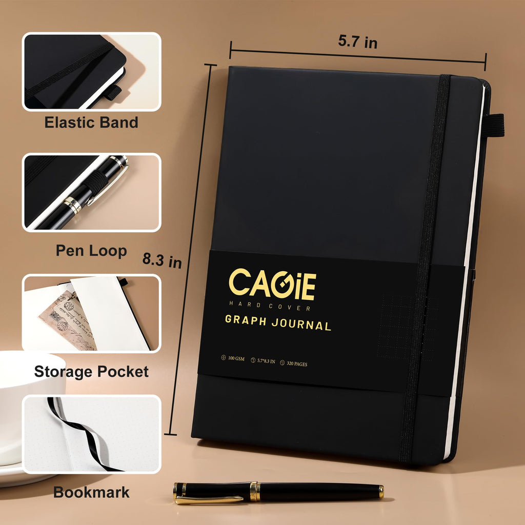 CAGIE Bullet Dotted Journal Notebook 320 Pages 100 GSM Paper Hardcover A5 Dot Grid Notebook Leather Journals for Writing Women Men Work Journaling, Black