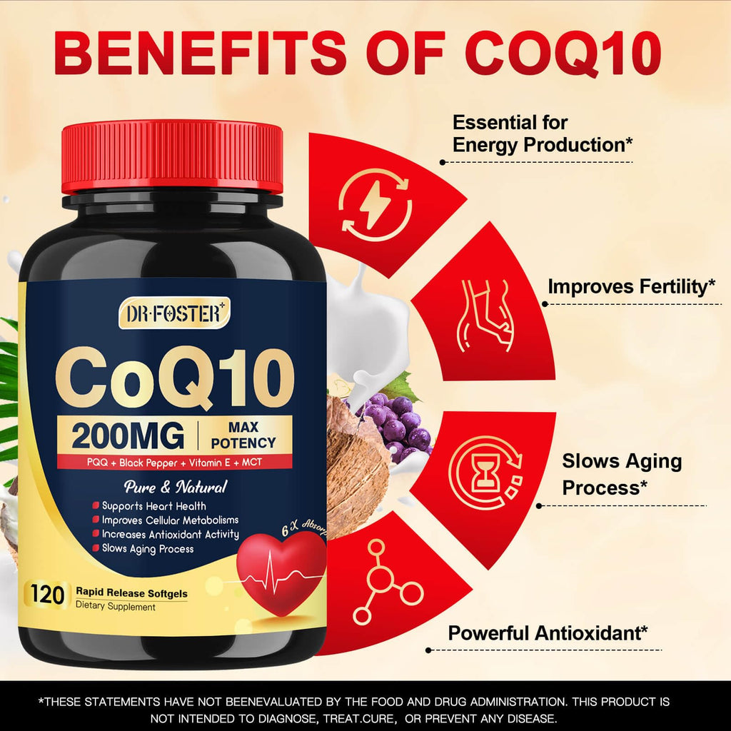 DRFOSTER Coq10 200mg, Co q 10 Supplement for Heart Supports & Energy Production, 6X High Absorption with Vitamin E & PQQ & Black Pepper Extract, 200mg Softgels, 120 Servings