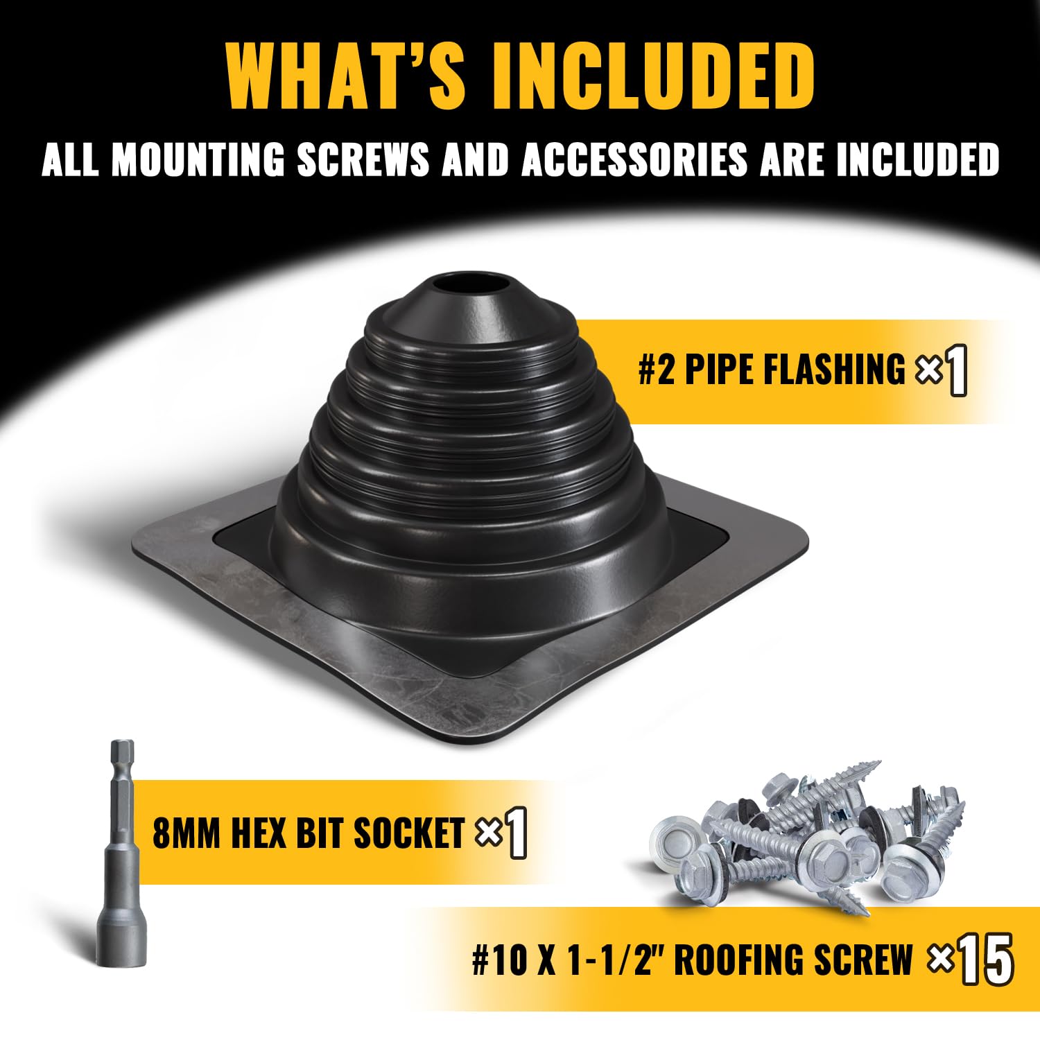 VIVIDA #1 Metal Roof Pipe Flashing, Metal Roofing Pipe Boot Kit, High Temp Silicone Vent Boot, for Tube OD 1/4" to 2", Square Base, Screws & Hex Socket Included, 1 Pack, Black