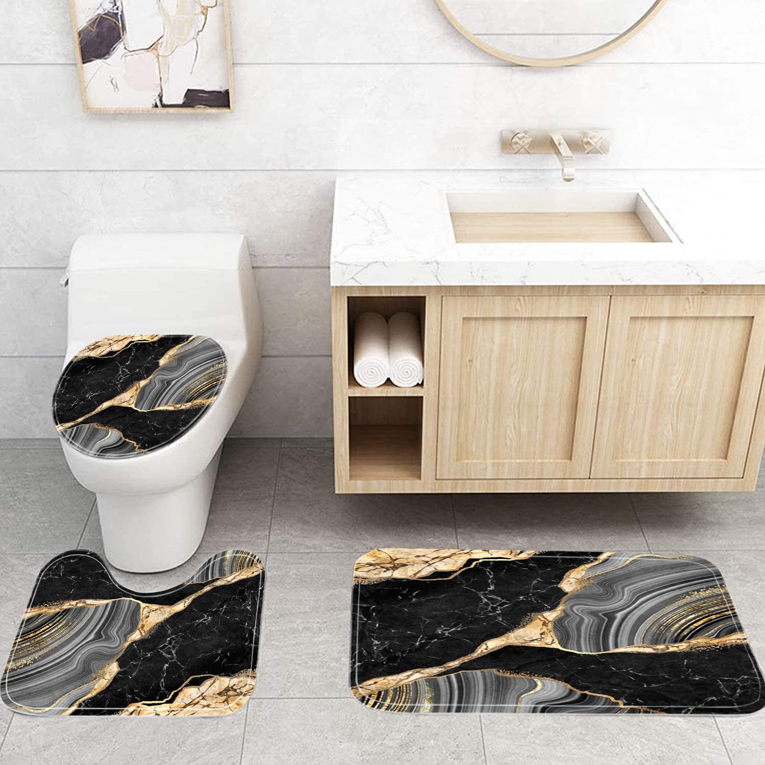 Nkzply 4 Pcs Black Marble Shower Curtain Sets with Rugs Gold Bathroom Sets with Shower Curtain and Rugs Modern Abstract Bathroom Decor Accessories Shower Curtains for Bathroom Toilet Lid Cover