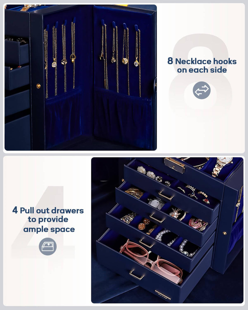 Homde Mothers Day Gifts Synthetic Leather Huge Jewelry Box Mirrored Watch Organizer Necklace Ring Earring Storage Lockable Gift Case (Black + Gold)