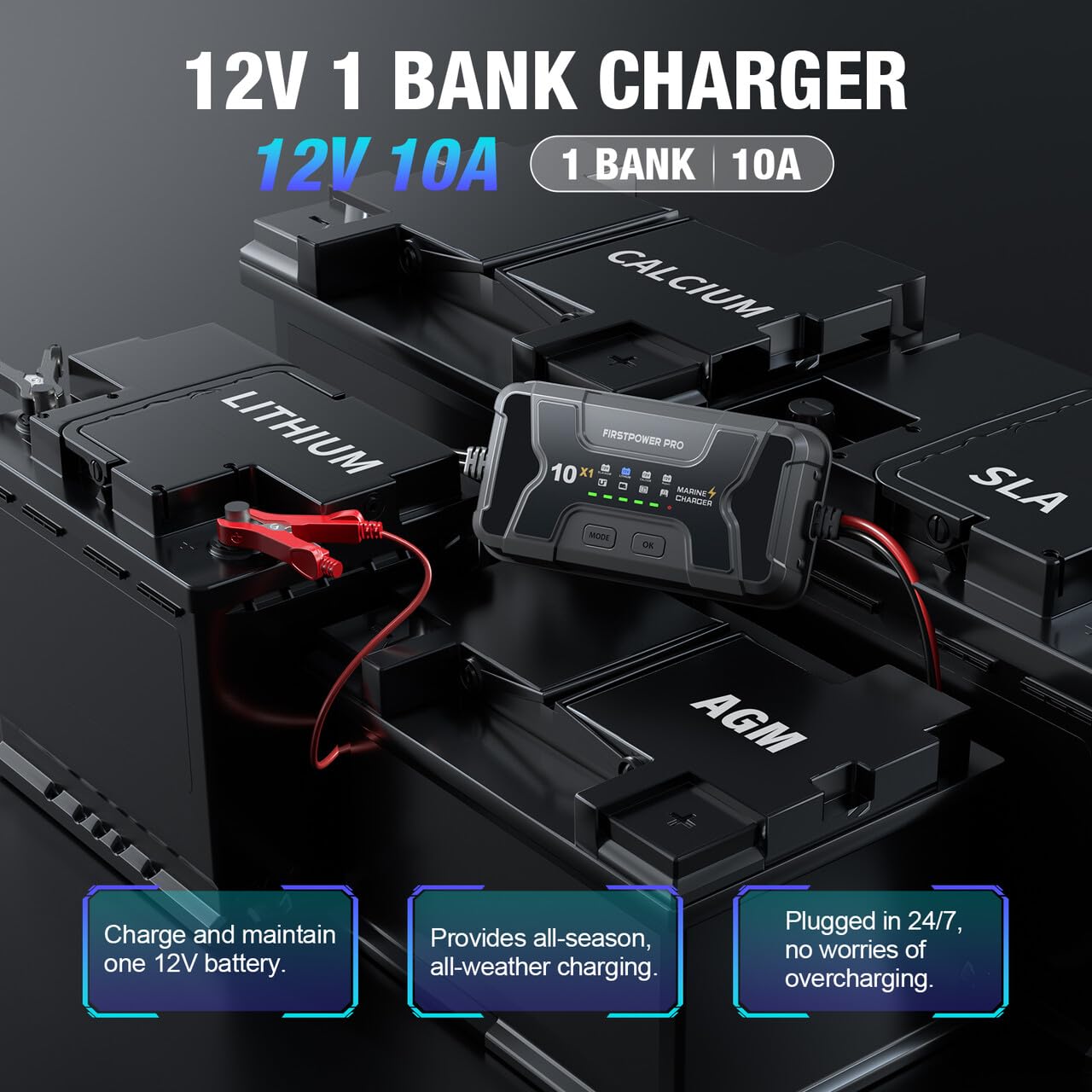 Marine Battery Charger 5X1: 1-Bank, 5A Onboard Battery Charger - 5A Per Bank, 12V Waterproof Boat Batter Charger for SLA/AGM, Lithium, Calcium - Charged 24/7