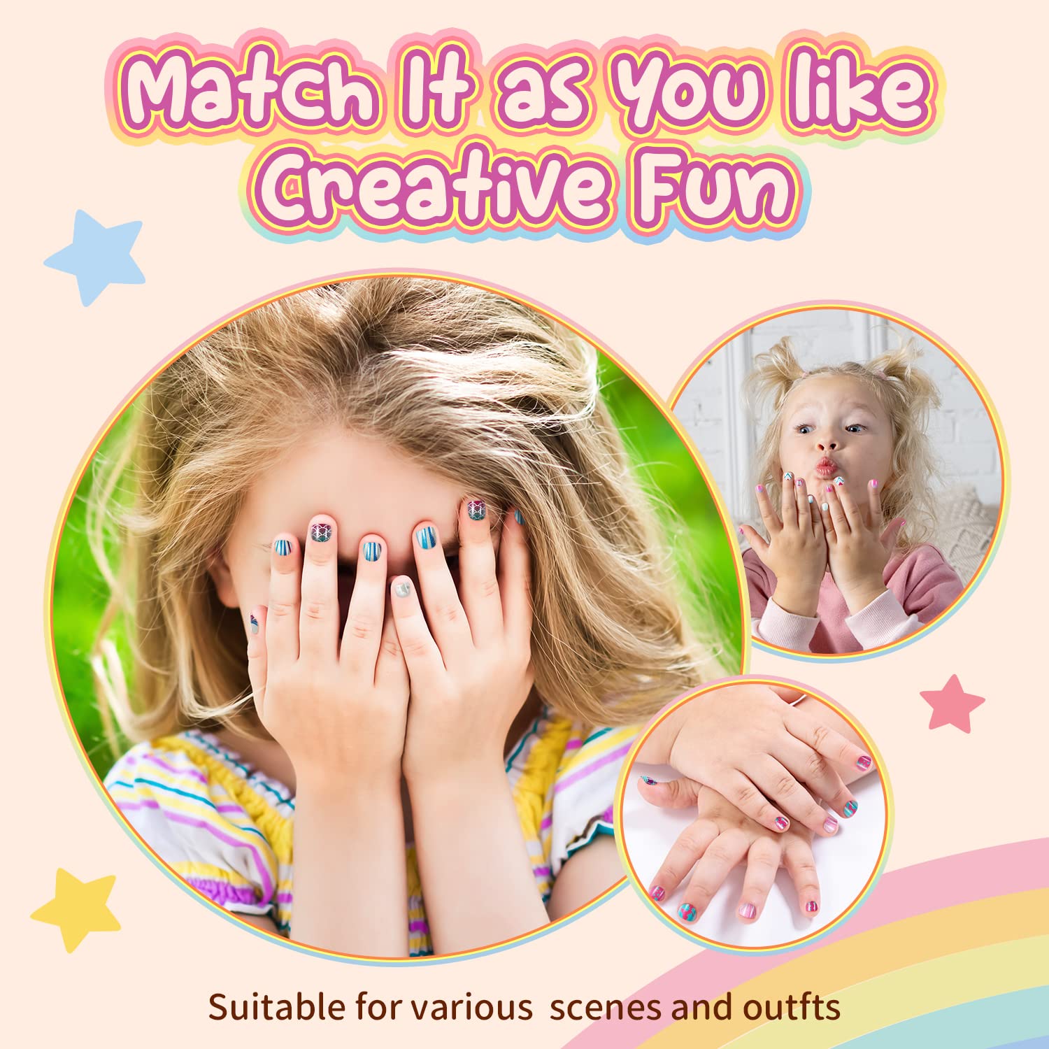 Modelones Press on Nails for Kids 144Pcs 6 Pack Children Acrylic Fake Nails Pre-glue Full Cover Glitter Gradient Color Heart Cat Short False Nail Art Kits Sets Christmas Gifts for Kids Girls