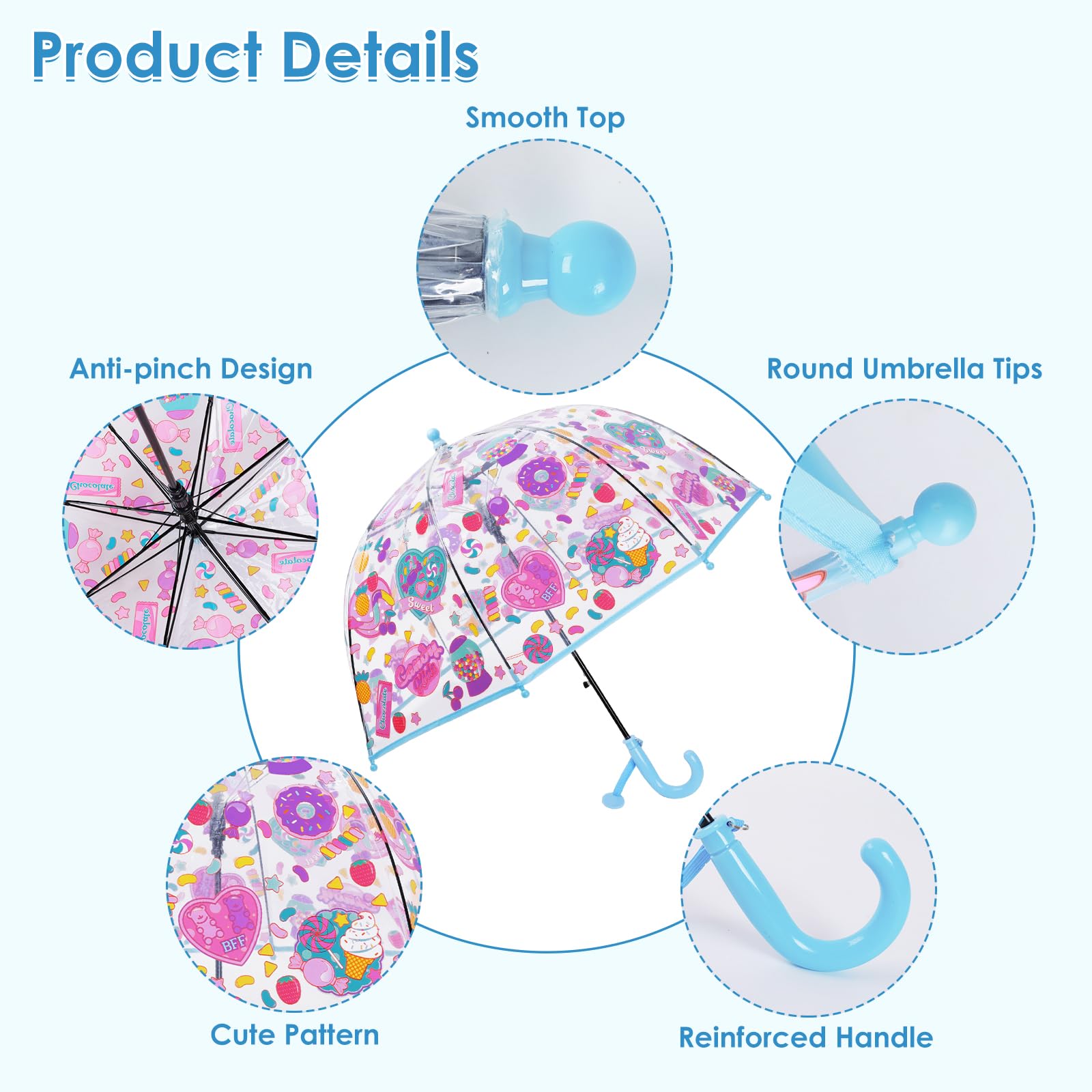 decalsweet Kids Umbrella Clear Bubble Umbrellas for Rain,Transparent Dome Safety Windproof Umbrella with Easy-Grip Hook Handle for Toddler Girls and Boys