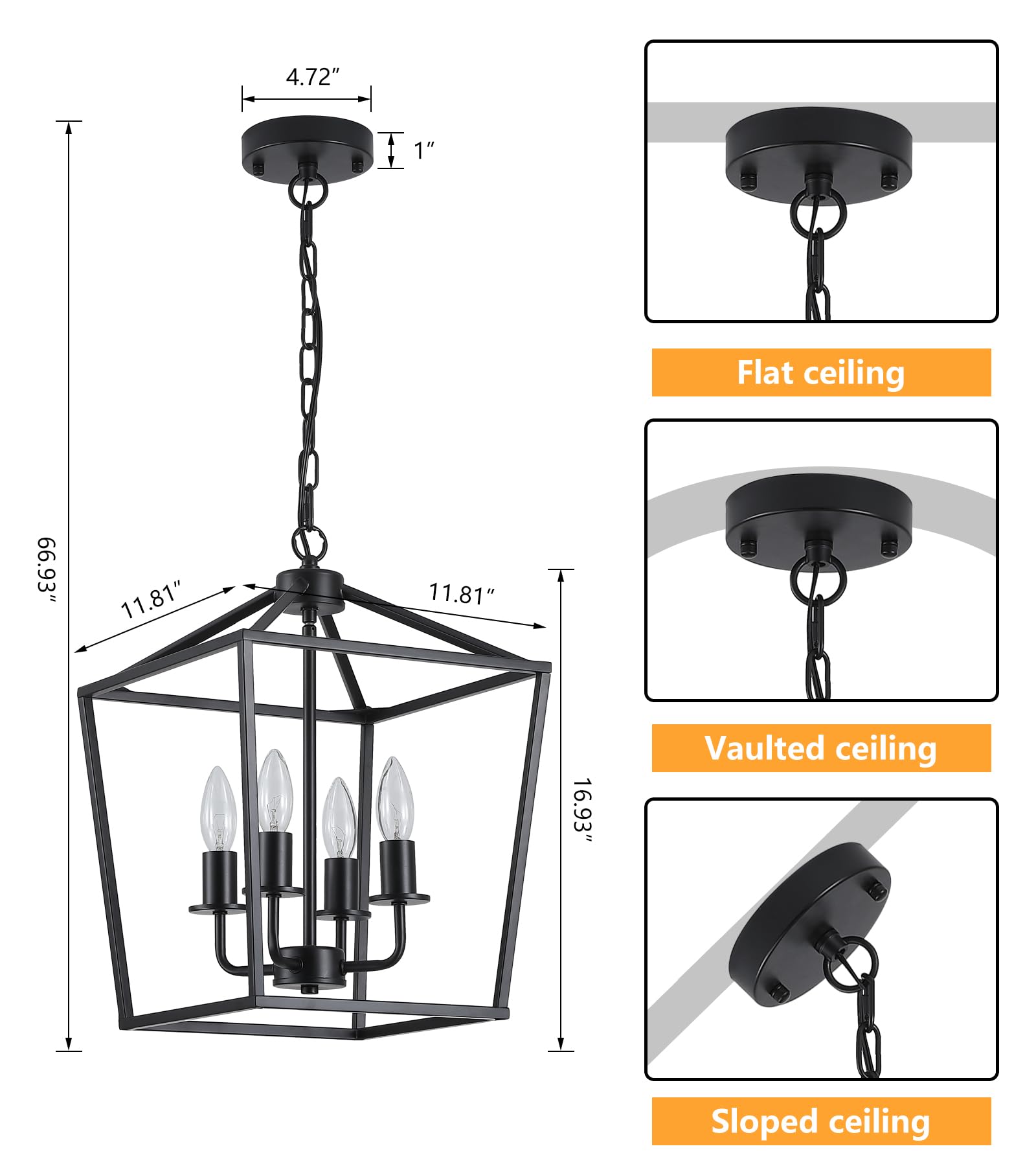 AMZASA UL Listed Black Industrial 4 Light Lantern Chandelier Ceiling Light Fixtures Farmhouse Metal Cage Rustic Geometric Pendant Light for Kitchen Island Entryway Dining Room Stairs and Hallway