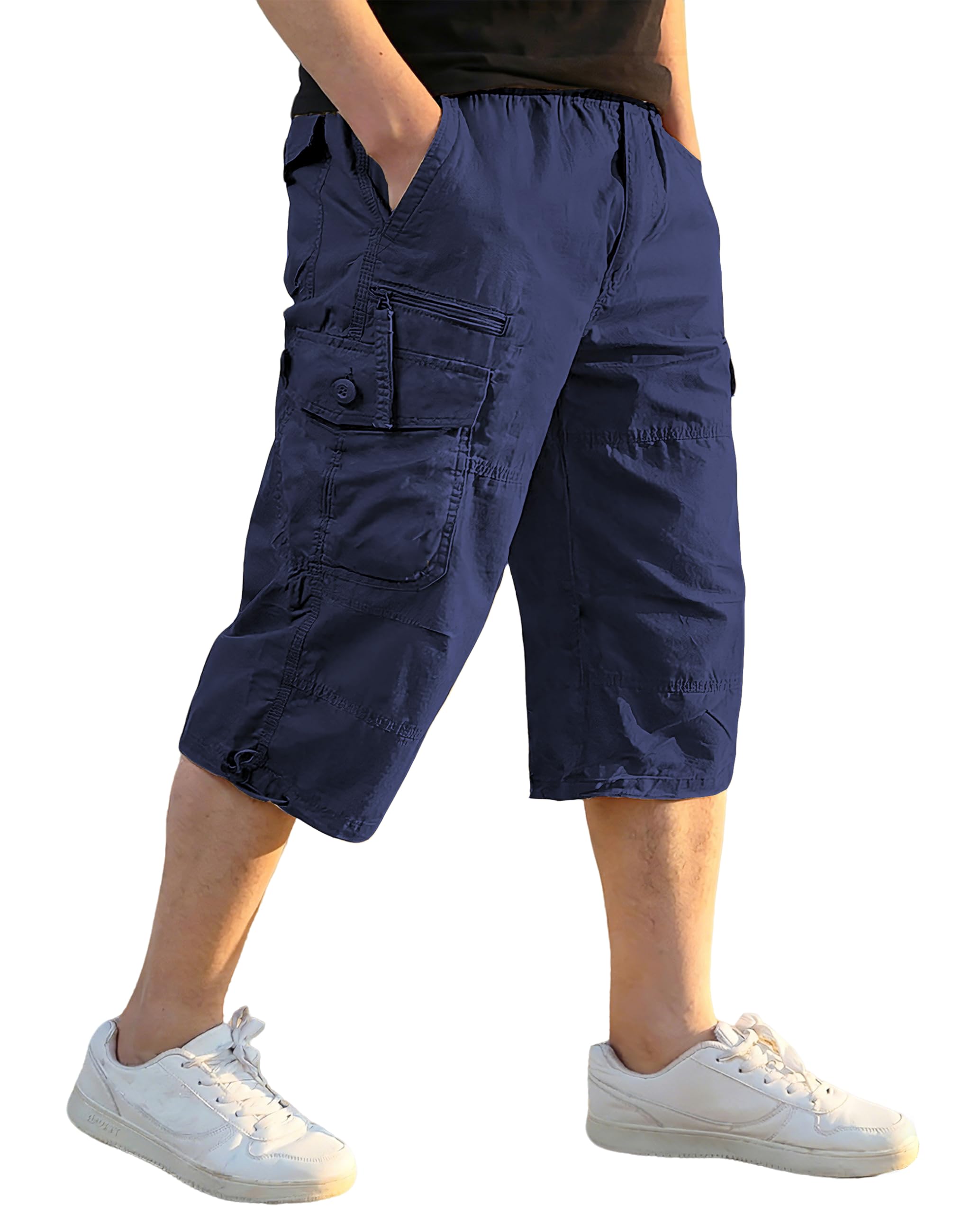 EKLENTSON Men's Cargo Shorts Casual Twill Elastic 3/4 Capri Pants Below Knee Long Shorts with 7 Pockets