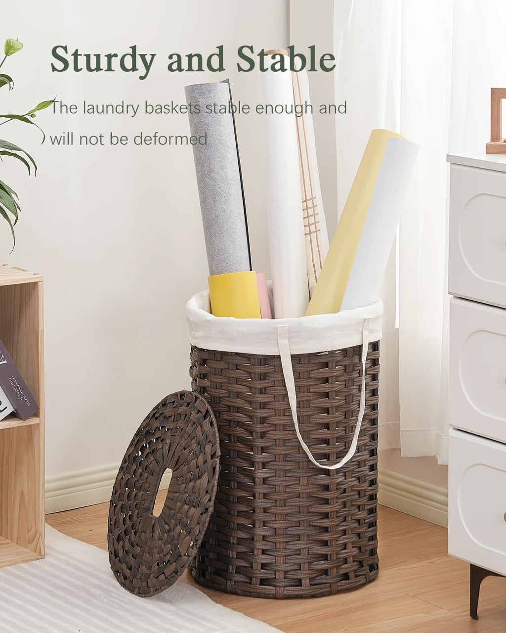 SETVSON Laundry Hamper with Lid Laundry Basket with Lid 19.0 Gal (72 L) Round Wicker Laundry Basket Handwoven Rattan Basket with Lid Removable Bag 2 Mesh Bags Handles for Living Room Bathroom Black