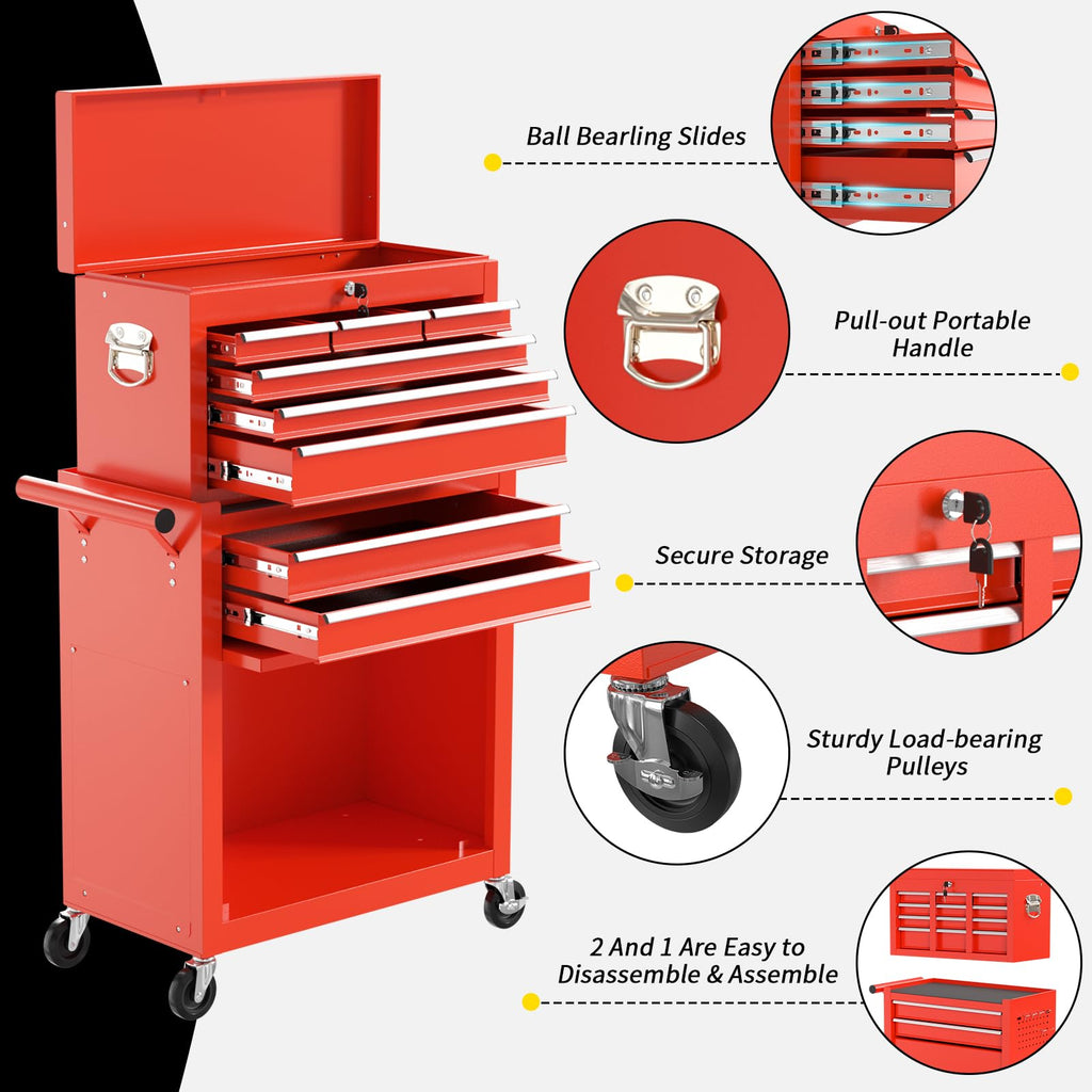 On Shine 8 Drawer Rolling Tool Chest, Large Capacity Rolling Tool Box with Wheels, Locking Mechanical Tool Chest, Portable Tool Box with Sliding Drawers for Garage Workshop and Tool Room (Black)