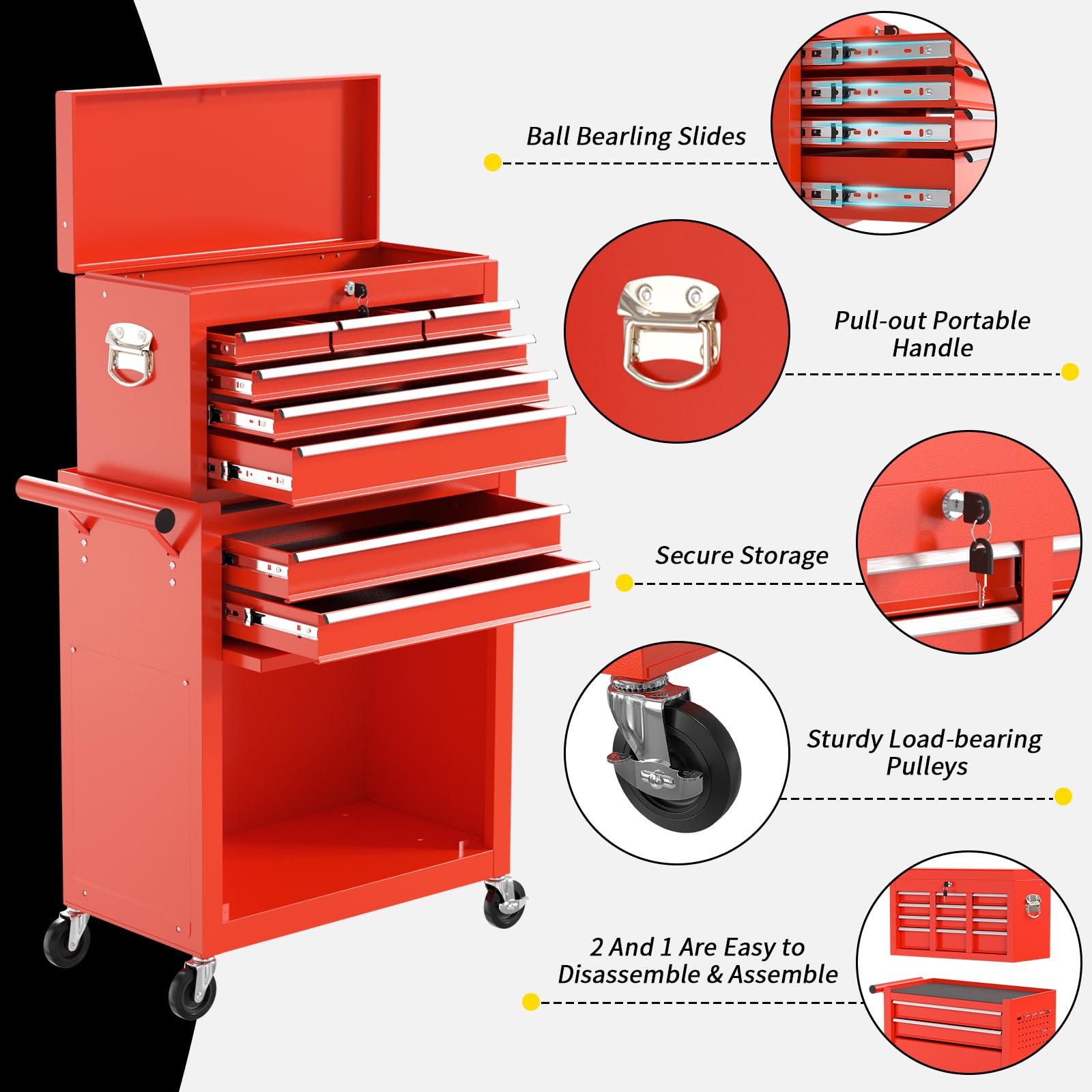 On Shine 8 Drawer Rolling Tool Chest, Large Capacity Rolling Tool Box with Wheels, Locking Mechanical Tool Chest, Portable Tool Box with Sliding Drawers for Garage Workshop and Tool Room (Black)
